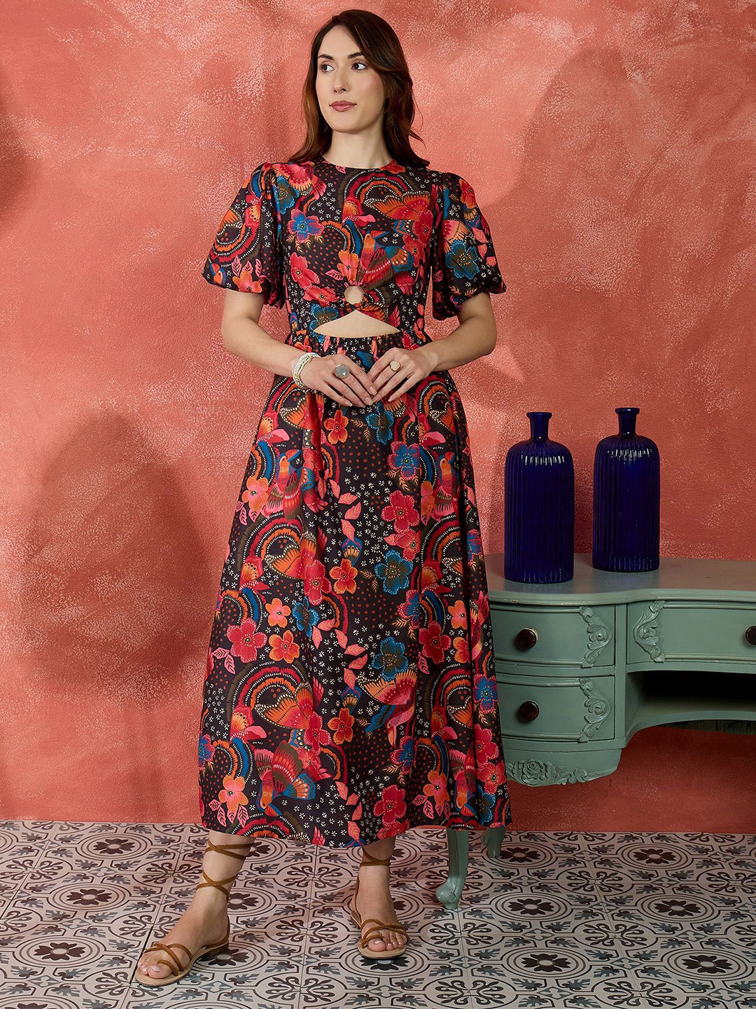 IVY BY KIBO Floral Printed Cut Out Detail Cotton Fit & Flare Midi Dress