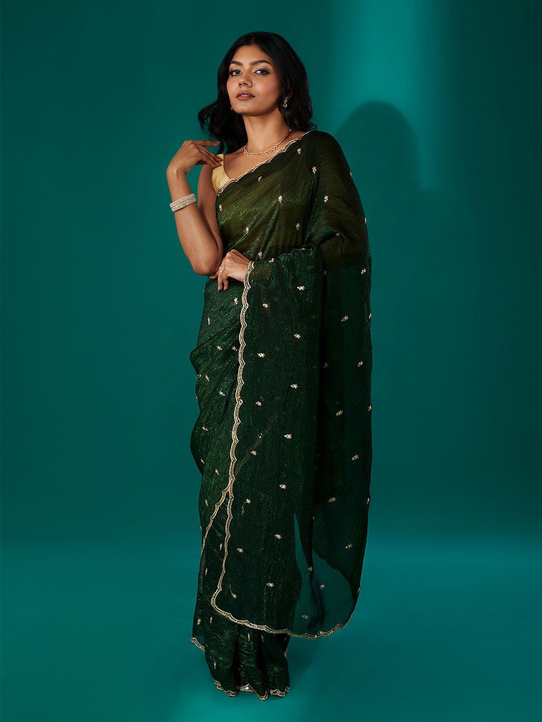 TEEJH Dilbar Sap Green Georgette Saree