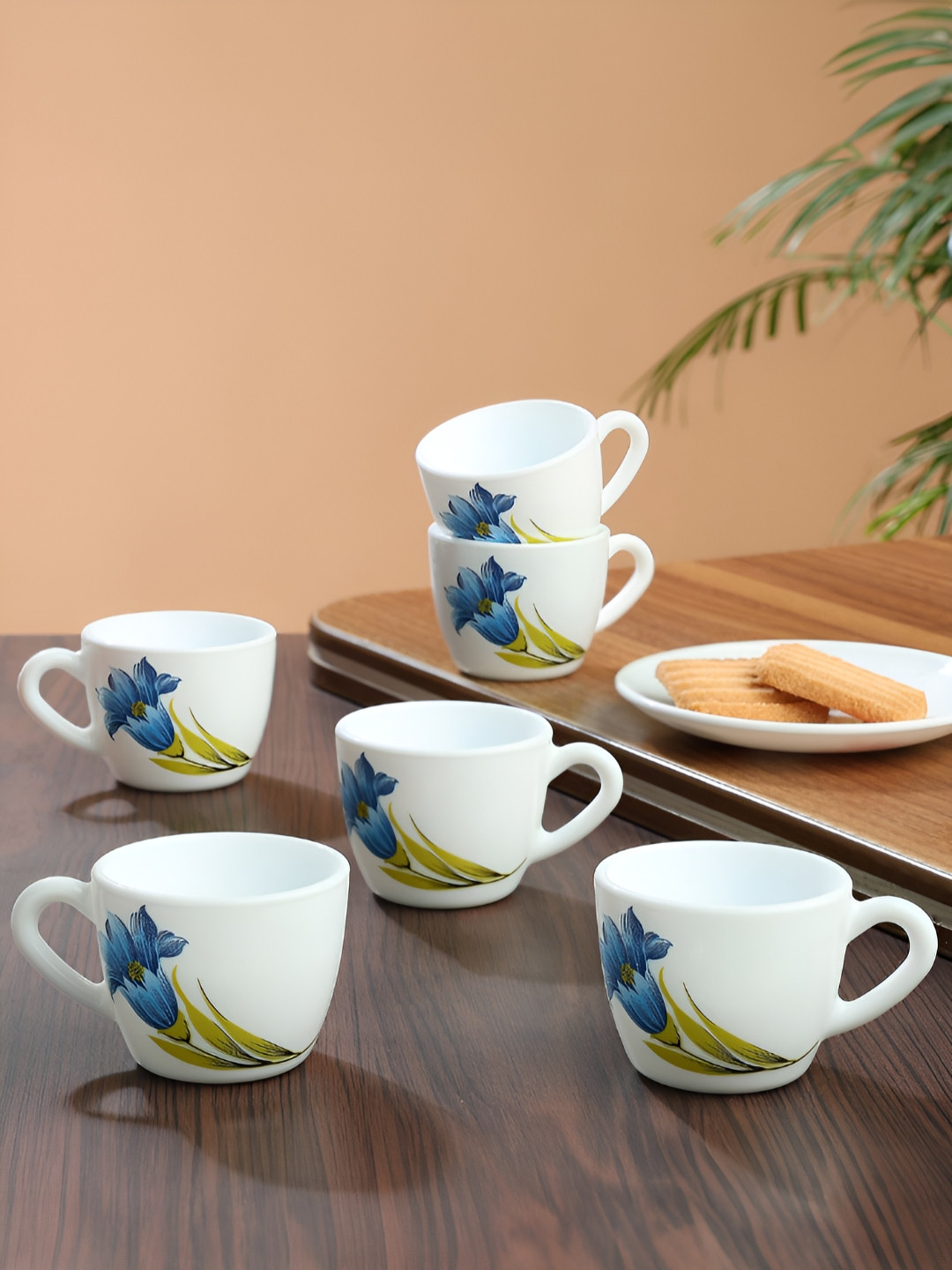 Larah by BOROSIL Personalised Quirky Halloween Theme White Floral Opalware Handmade 6 Piece Cups-140ml