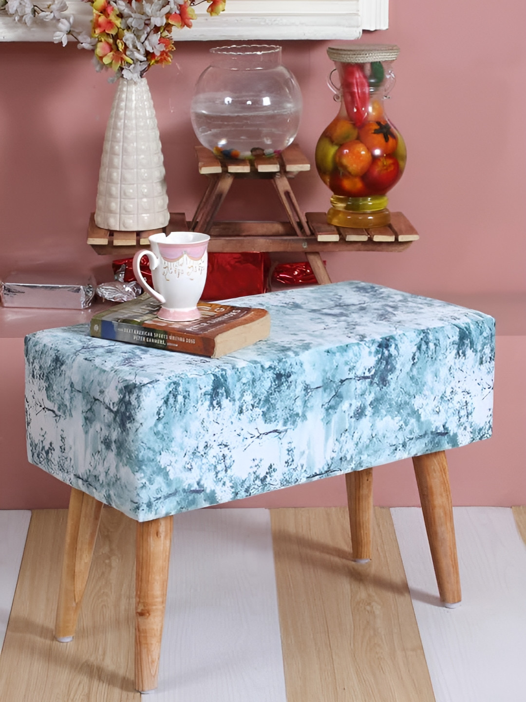 Shadowkart White & Blue Printed Wooden Rectangular Bench