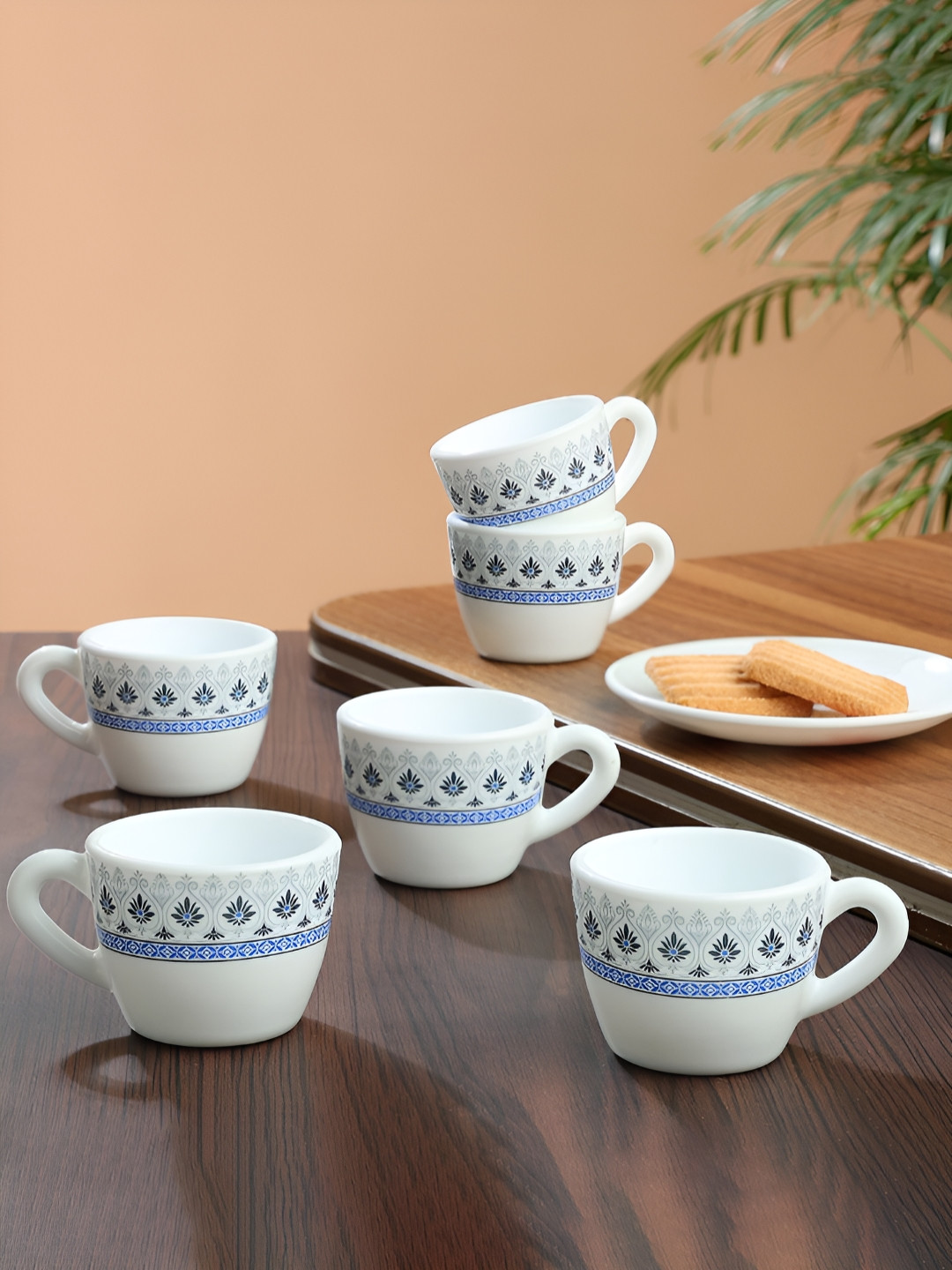 Larah by BOROSIL Ocean White & Blue 6 Pieces Ethnic Motifs Printed Matte Cups 90ml