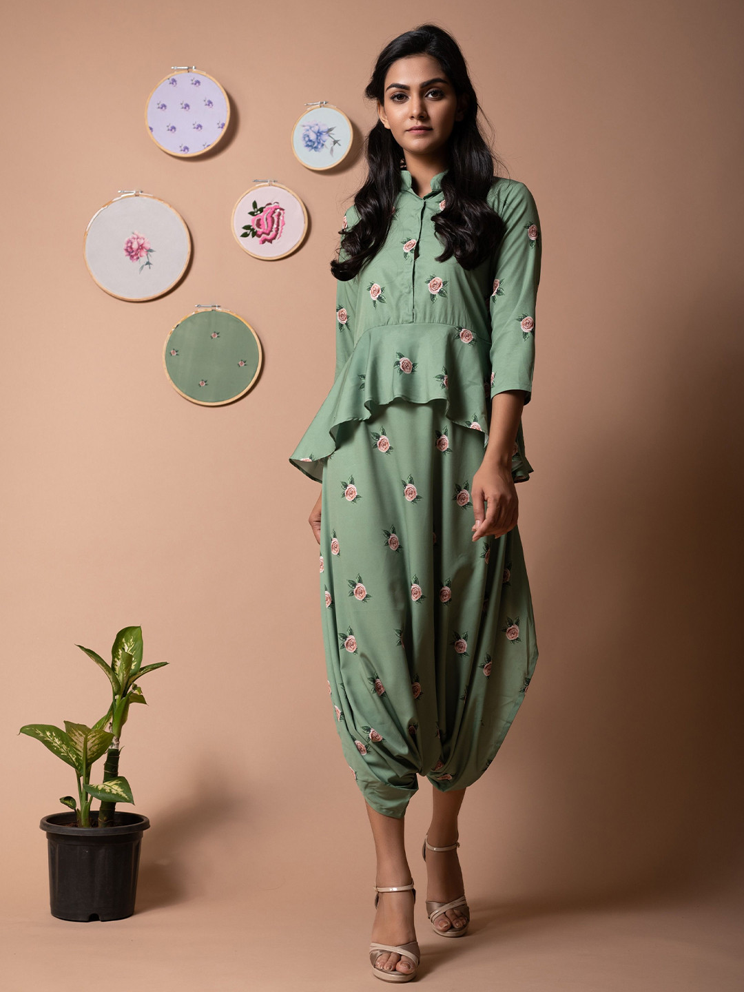 Pasha Women Seafoam Green Peplum Dhoti Jumpsuit