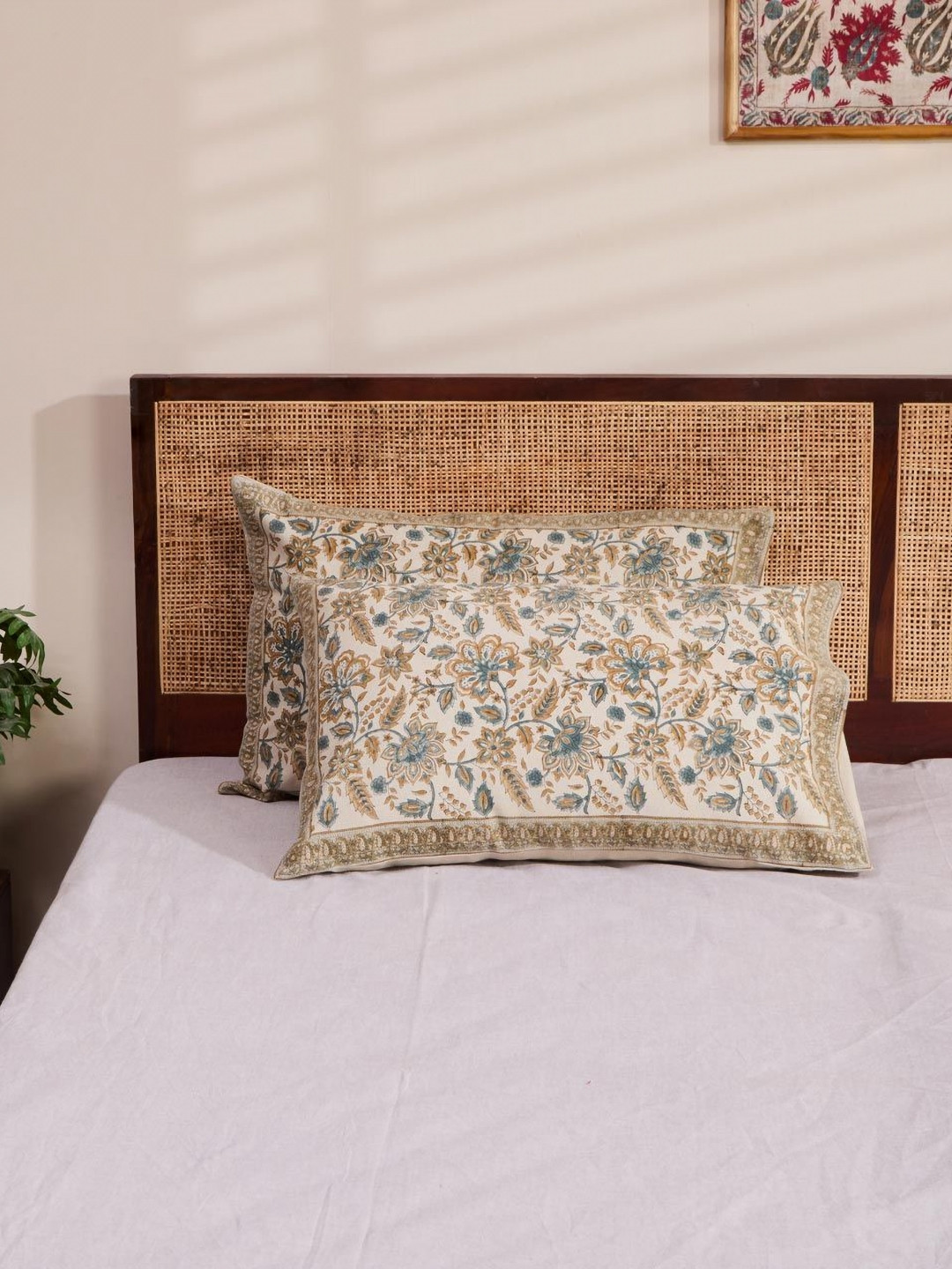 Fabindia Zaira Blue & Brown 2 Pieces Self Design Pure Cotton Rectangle Pillow Covers