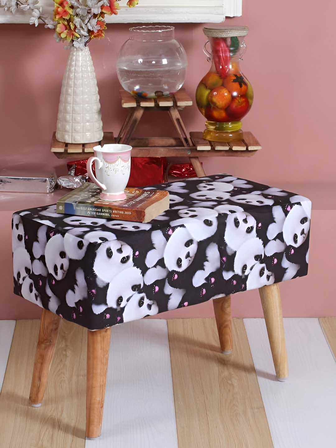 Shadowkart Black & White Printed Wooden Rectangular Bench