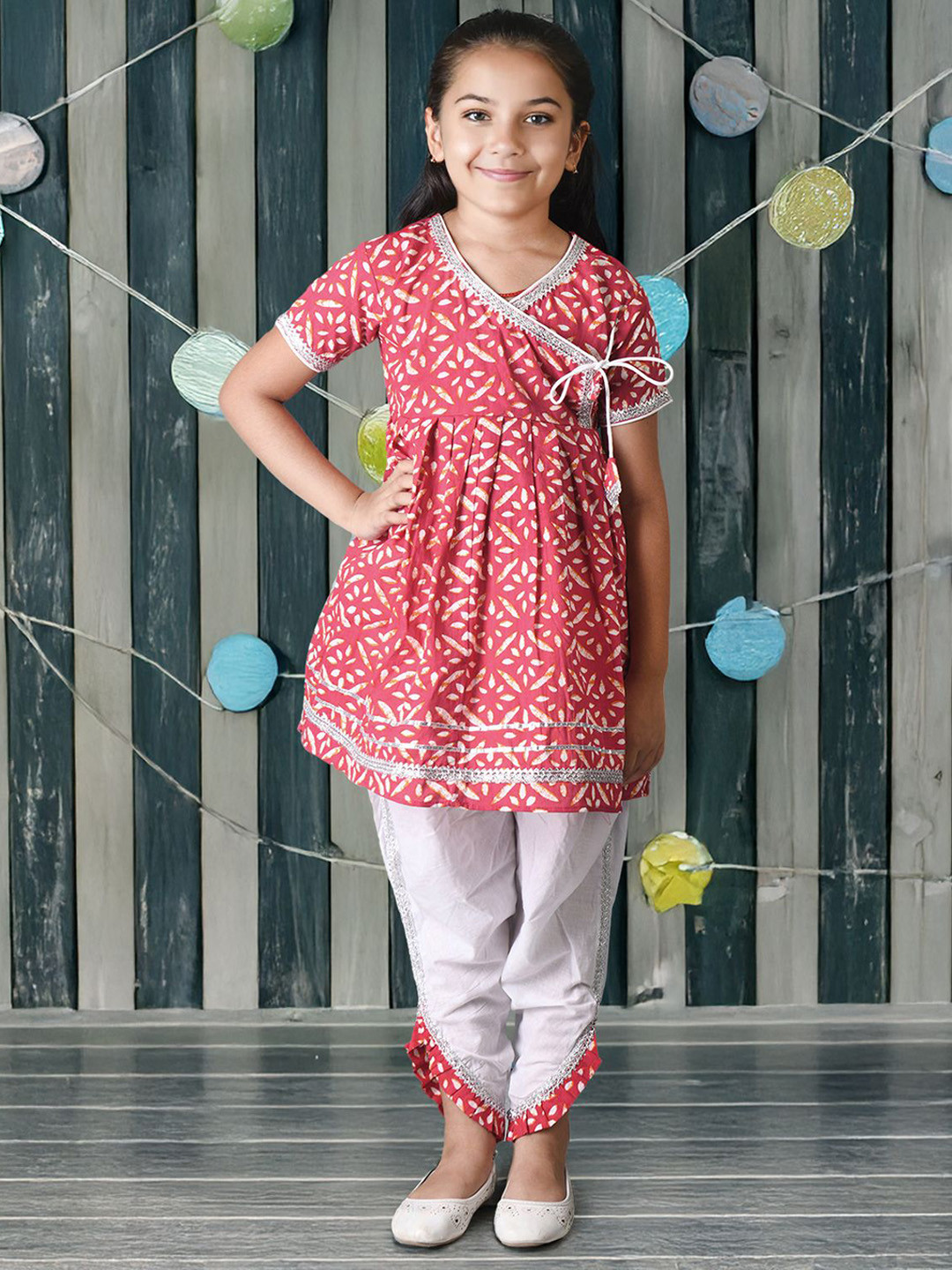 Kids On Board Girls Floral Printed Angrakha Pure Cotton Kurta with Dhoti Pants