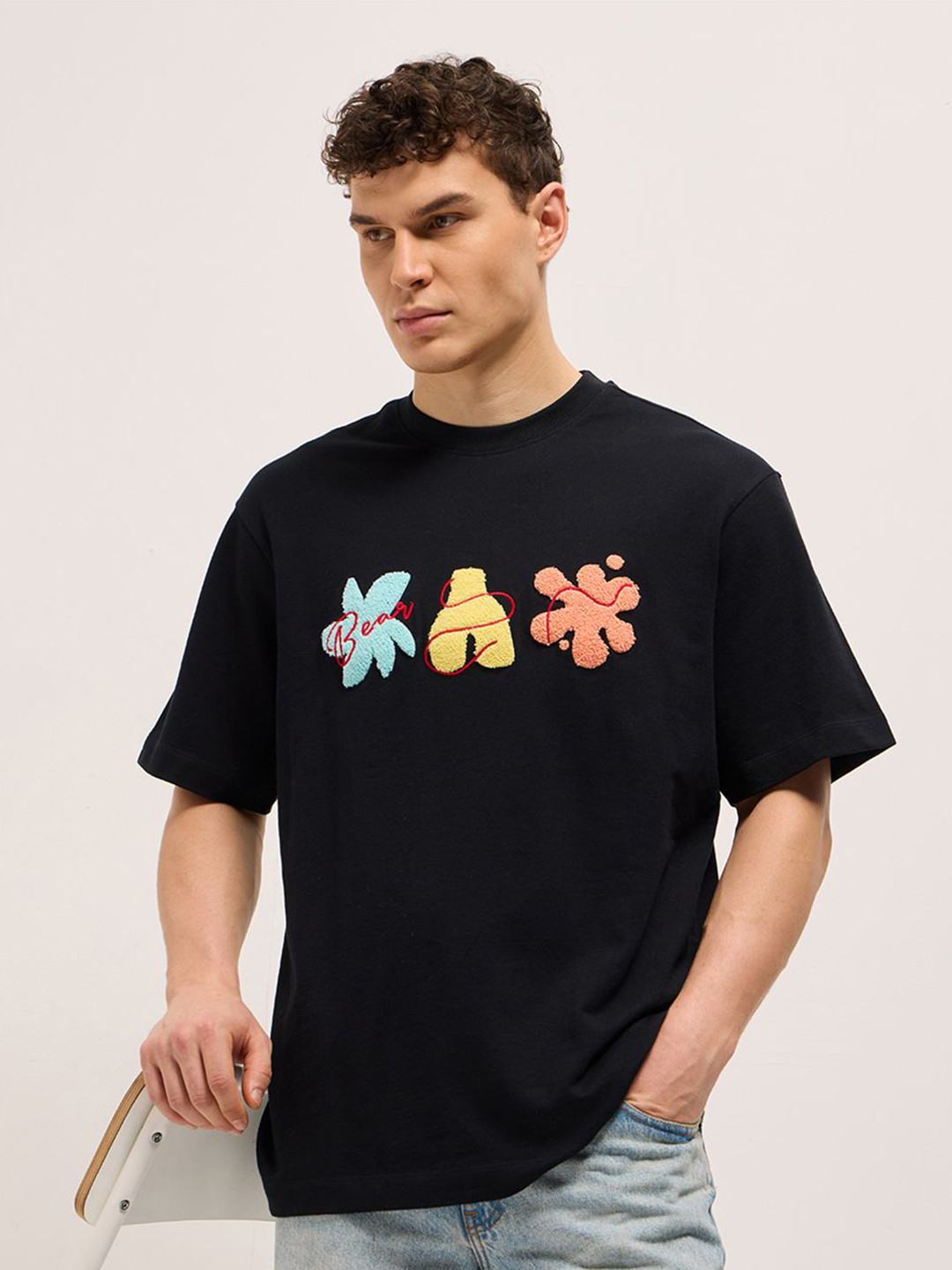 THE BEAR HOUSE Floral Self design Drop-Shoulder Sleeves Oversize Pure Cotton T-shirt