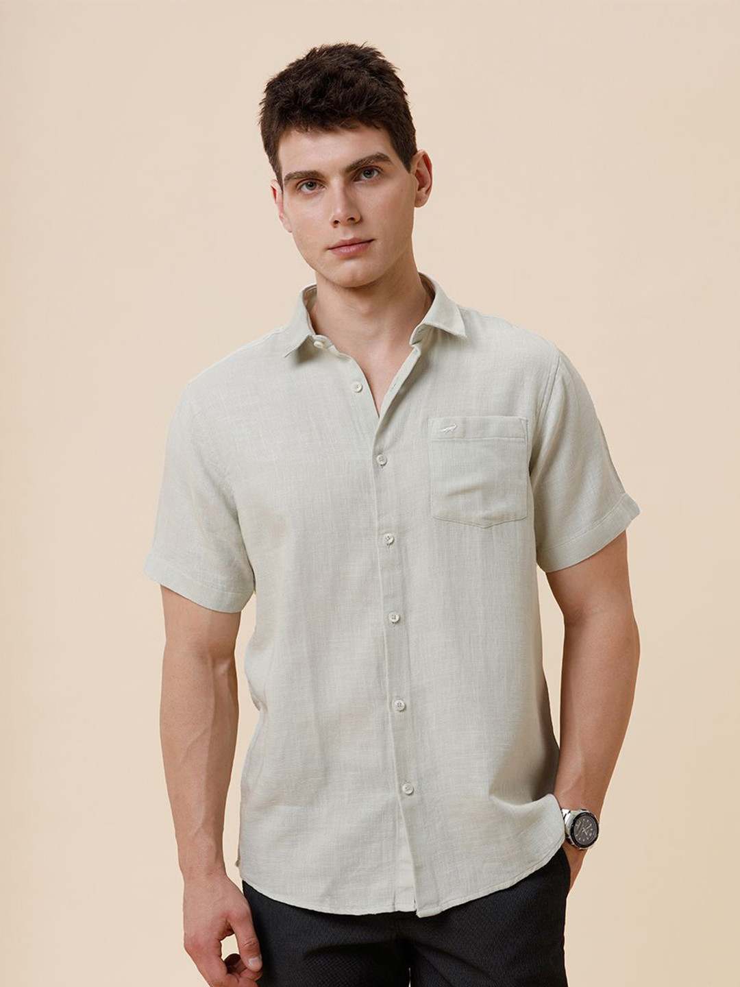 Crocodile Textured Spread Collar Short Sleeves Knitted Pure Cotton Shirt