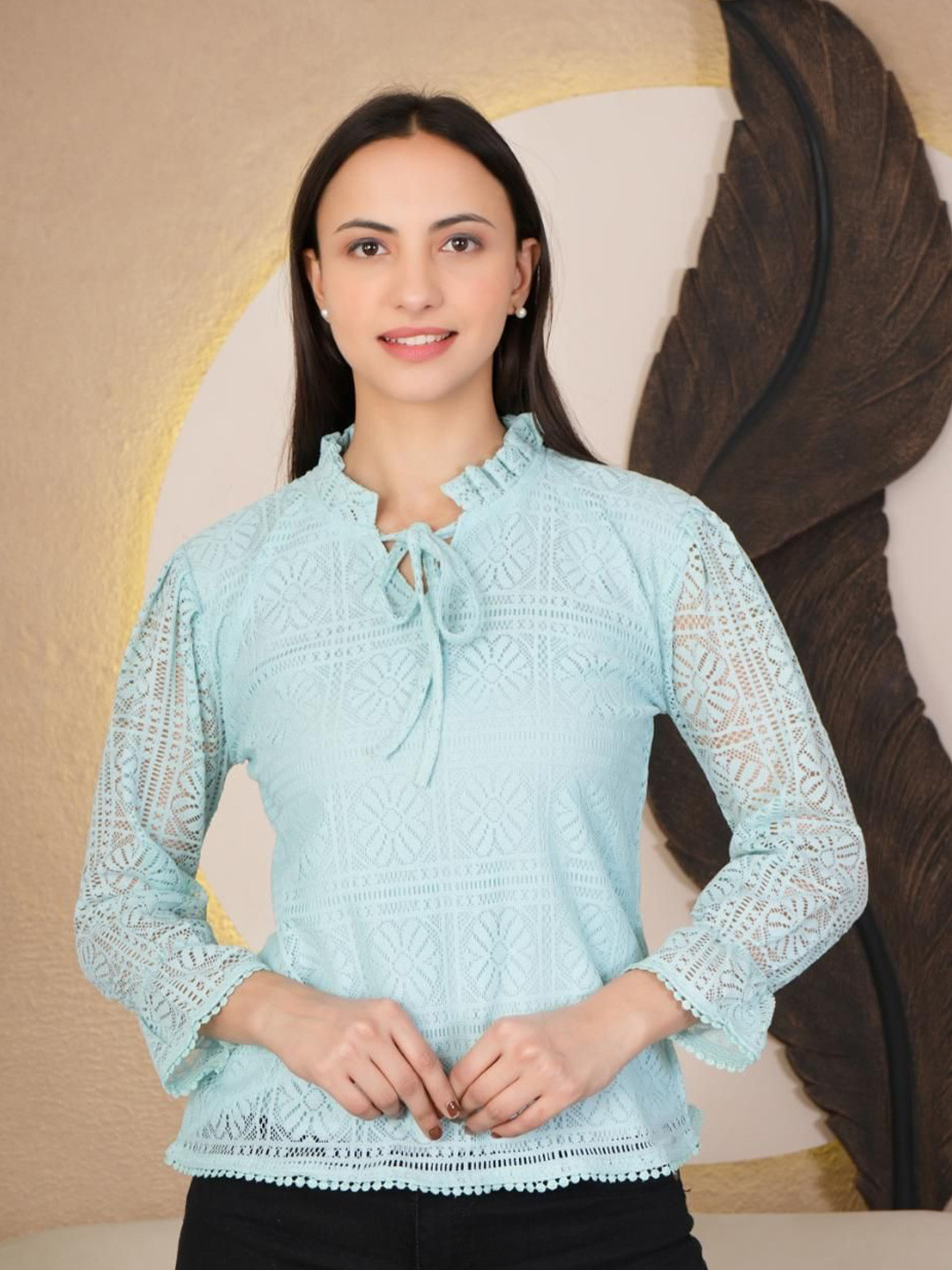 69 FASHION STREET Tie-up Neck Bishop Sleeves Net Top