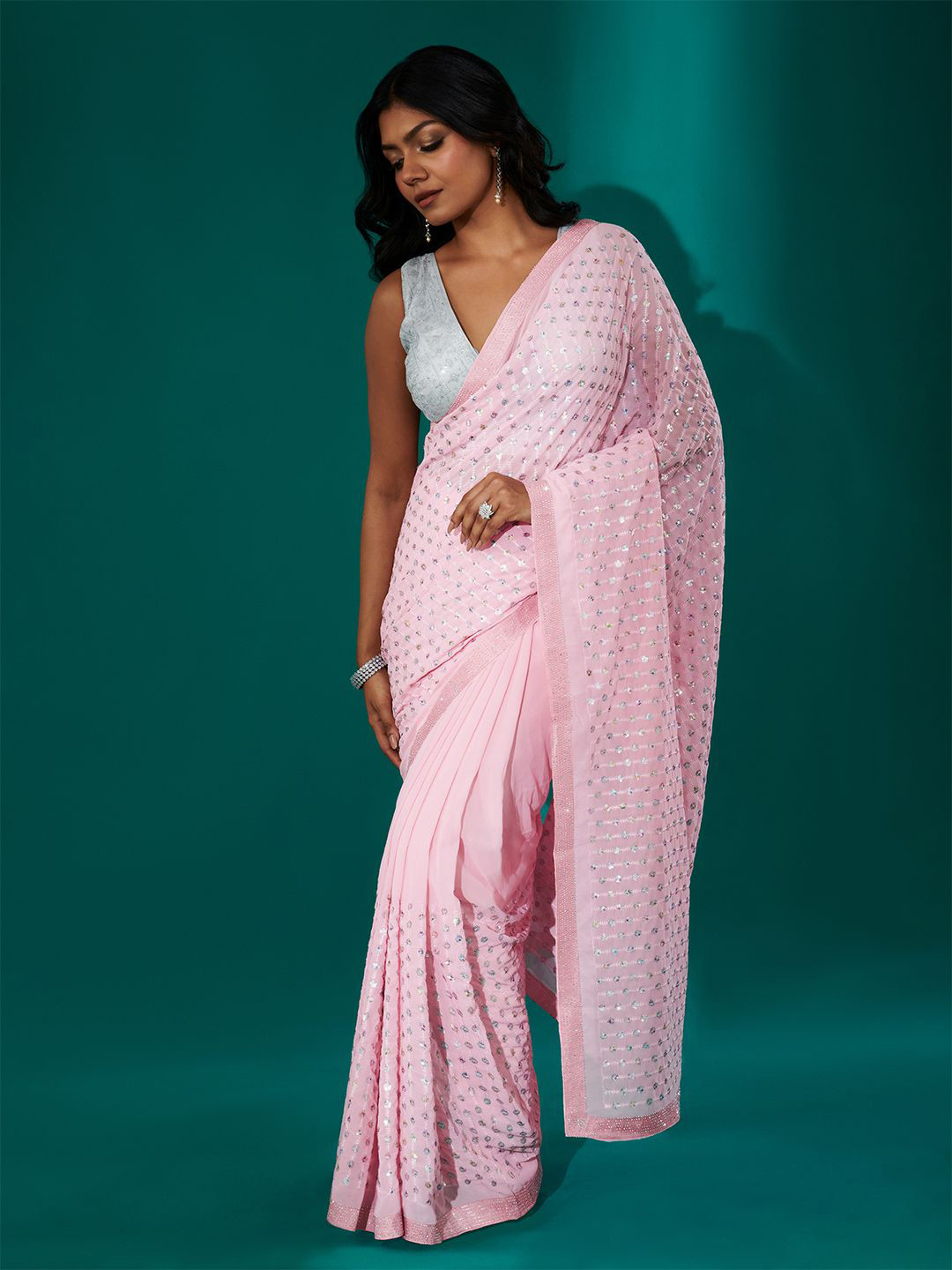 TEEJH Ujwal Baby Pink Georgette Saree