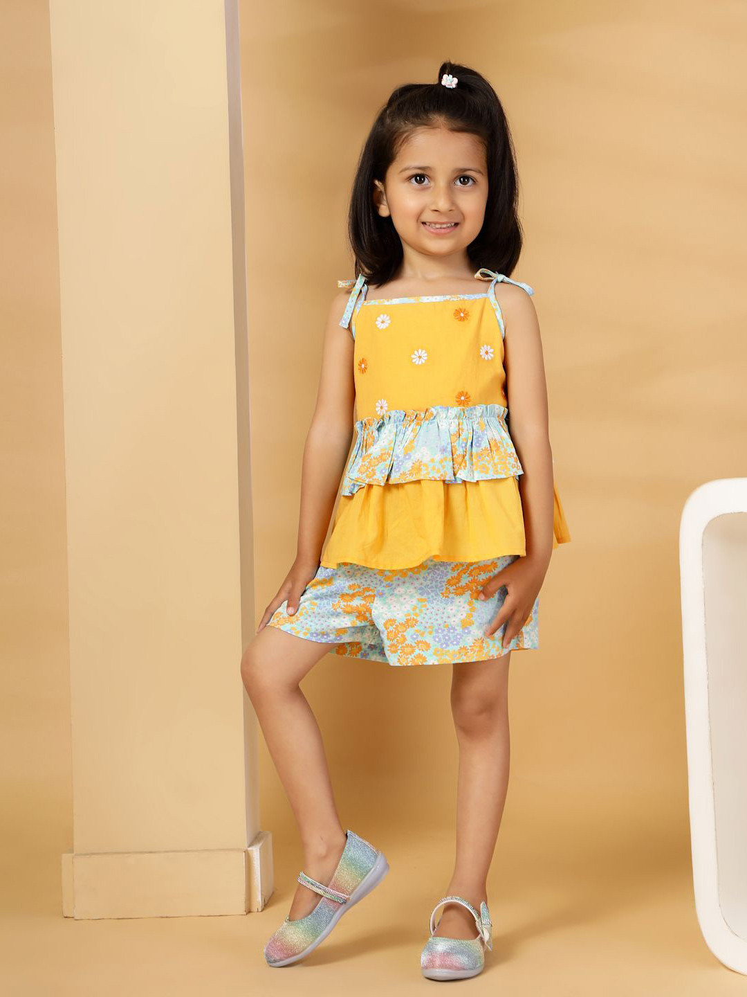Budding Bees Girls Floral Embroidered Shoulder Strap Sleeveless Pure Cotton Top & Shorts