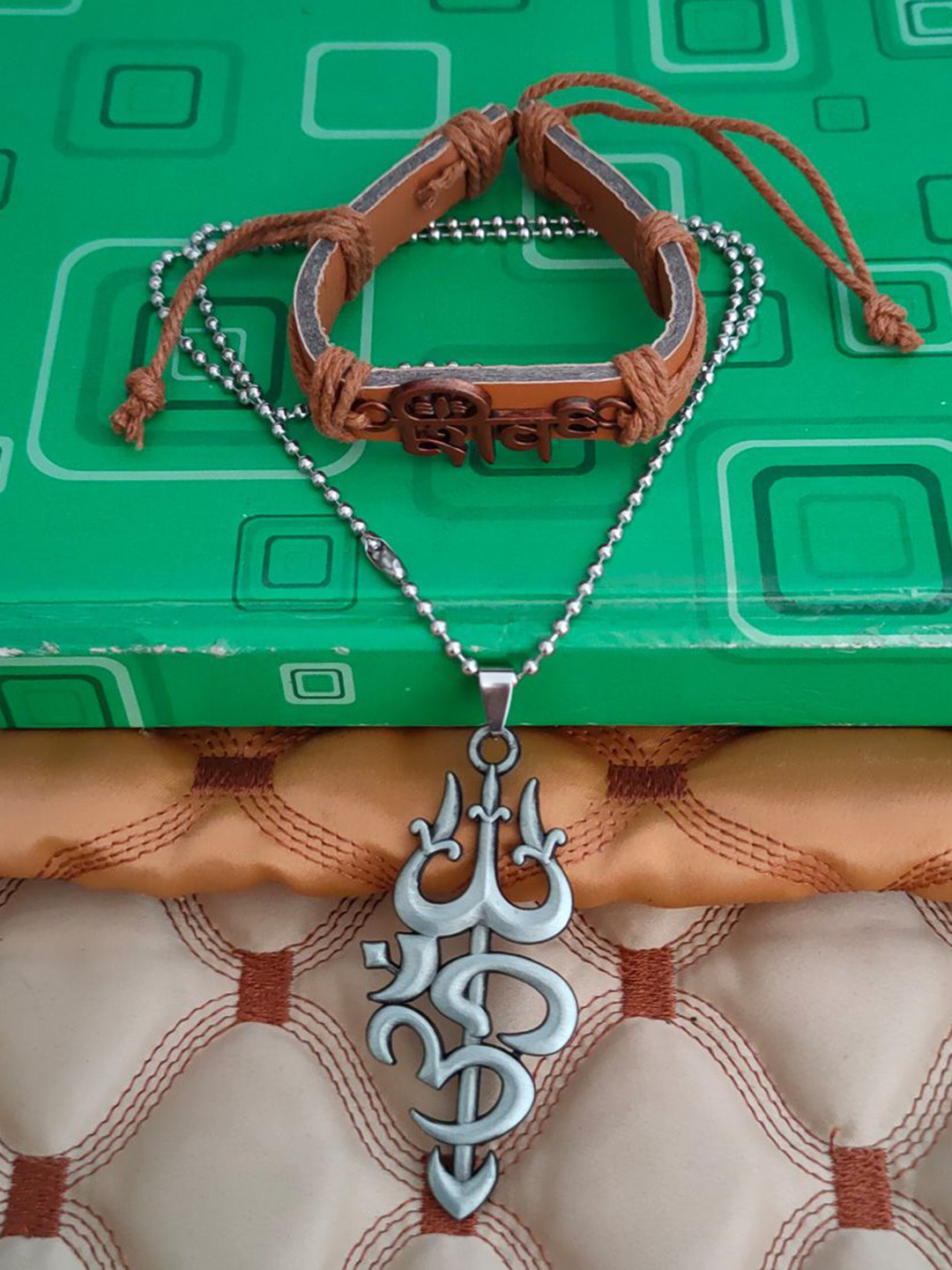 M Men Style Stainless Steel Silver Plated Religious Mahadev Leather Bracelet And Pendant