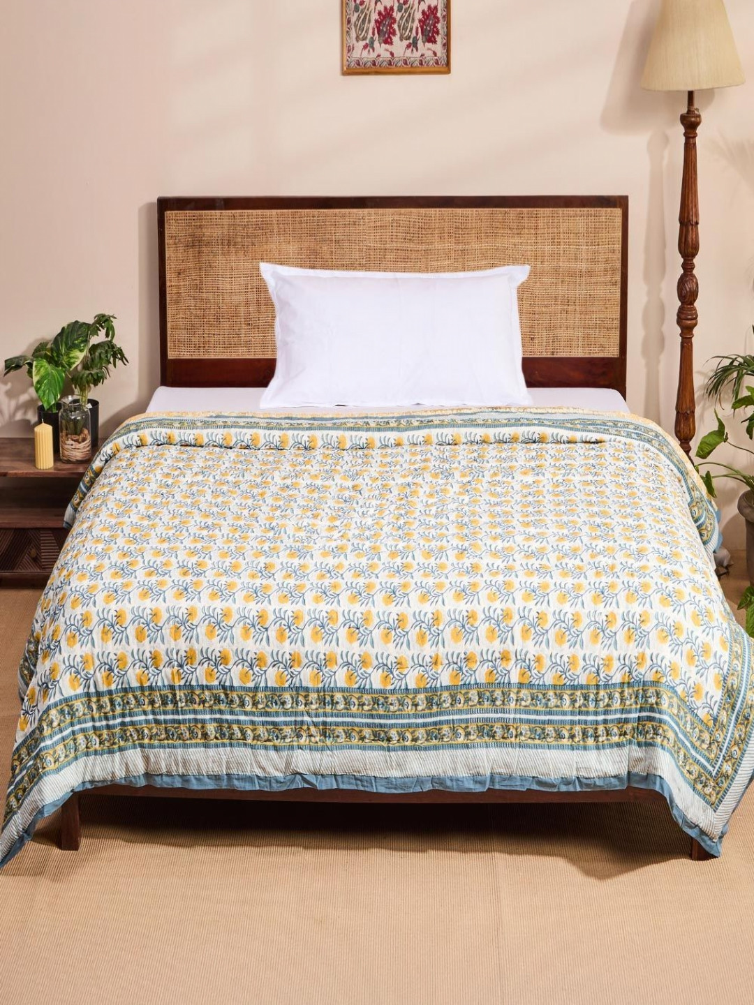 Fabindia Cabana White & Blue Floral Printed AC Room Single Bed Quilt
