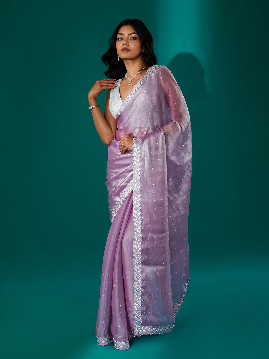 TEEJH Embellished Beads And Stone Tissue Saree