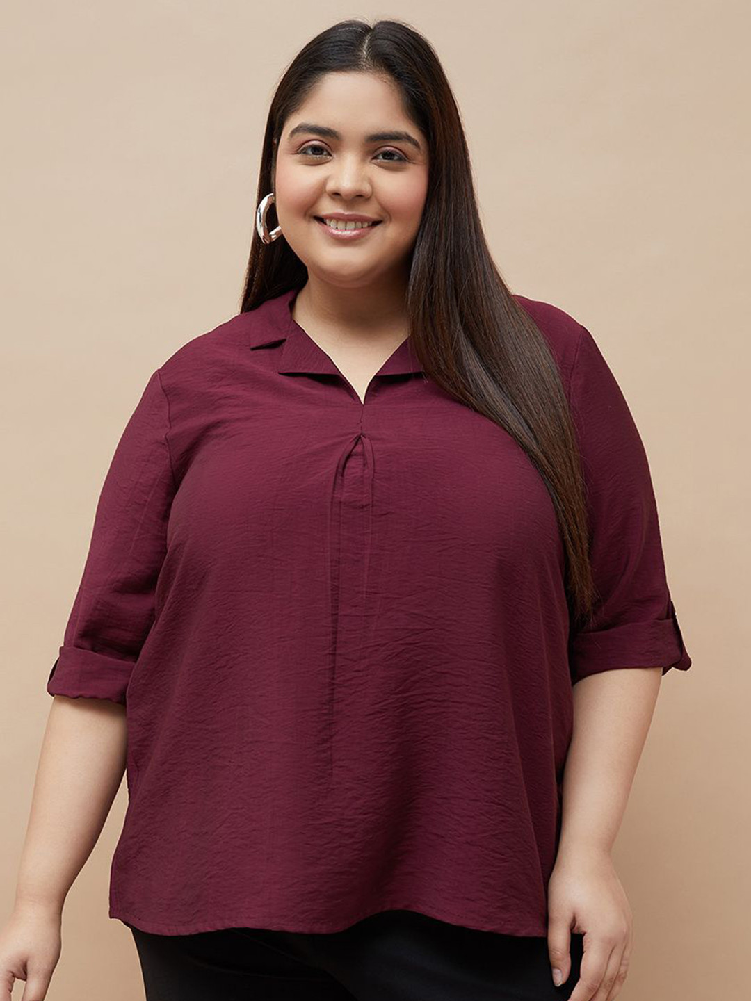 Nexus by Lifestyle Women Wine-Red Roll-Up Sleeves Plus Size Top