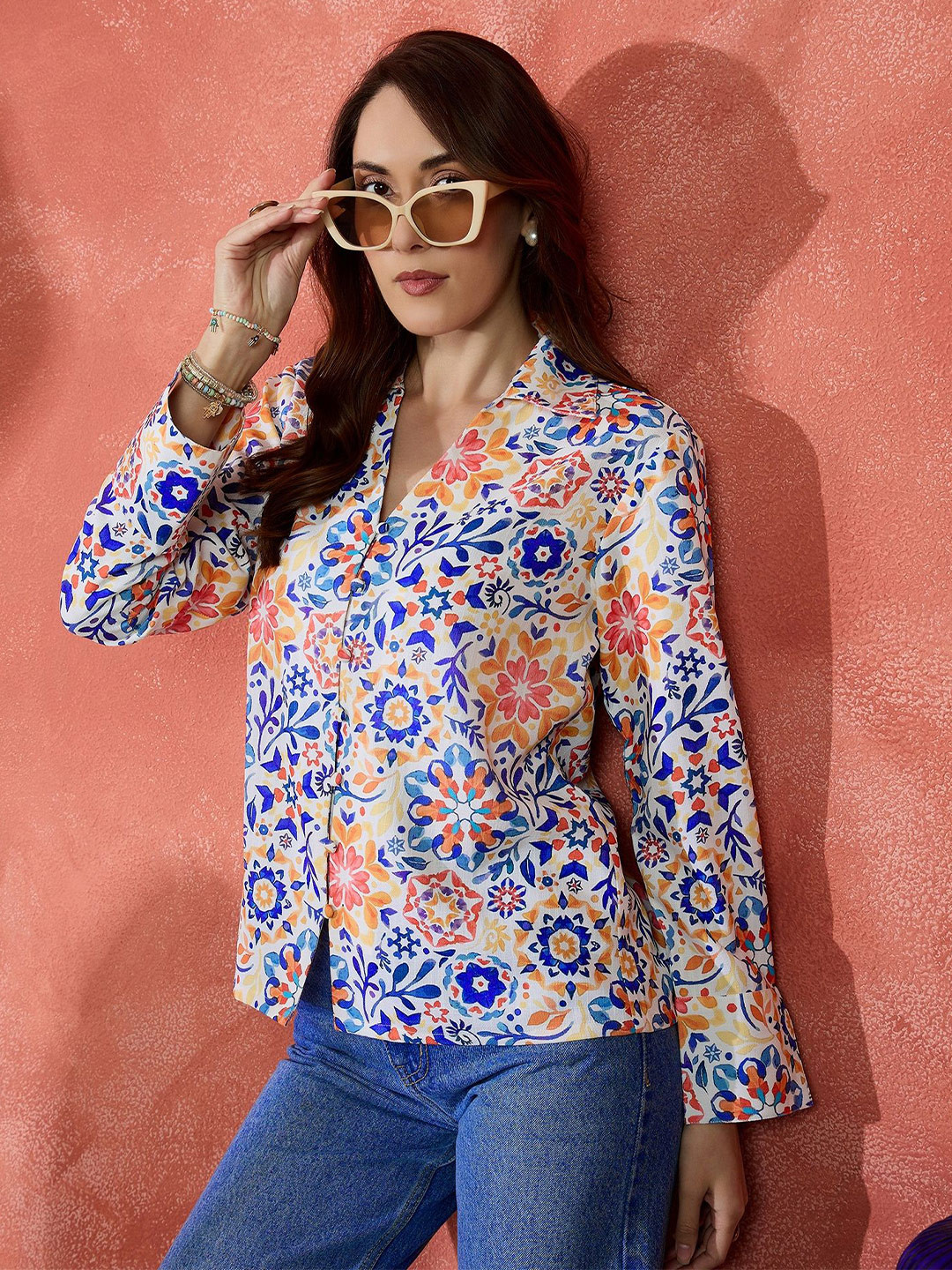 IVY BY KIBO Floral Printed Spread Collar Long Sleeves Shirt