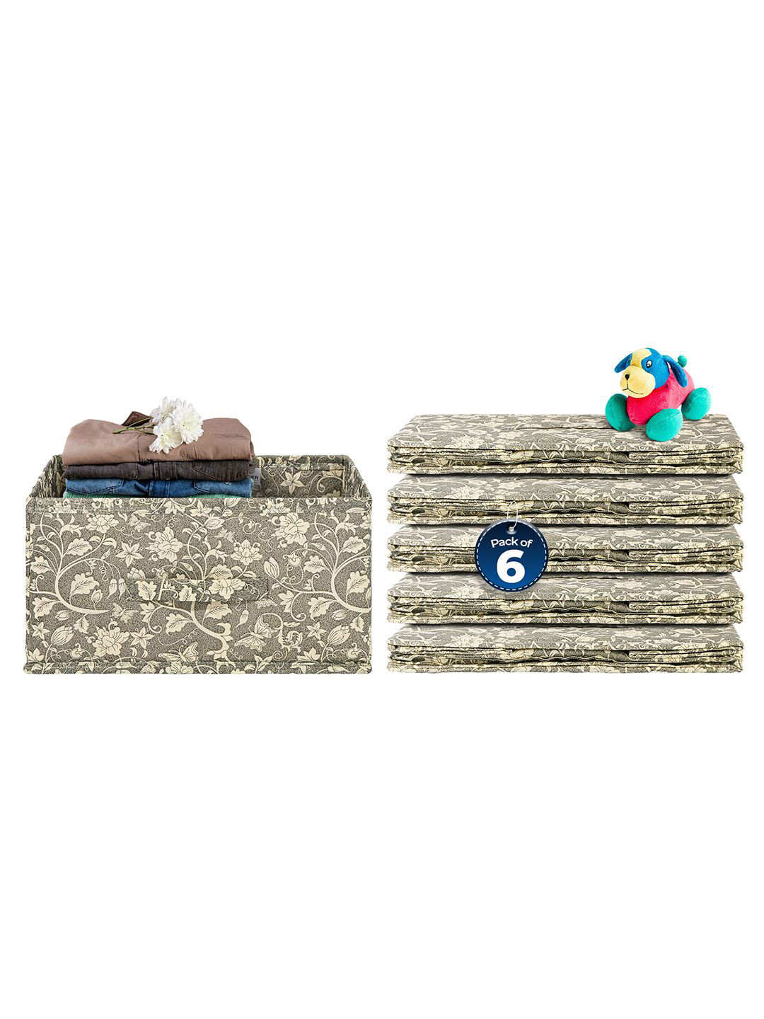 Kuber Industries Black & Beige 6 Pieces Floral Printed Drawer Organisers With Handles