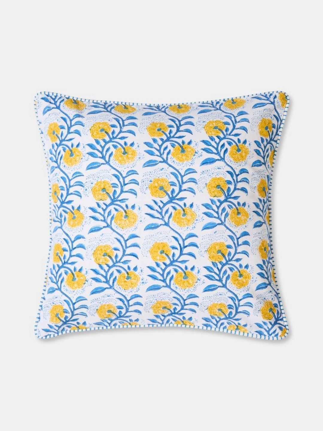 Fabindia Cabana White & Blue Floral Printed Cotton Square Cushion Cover