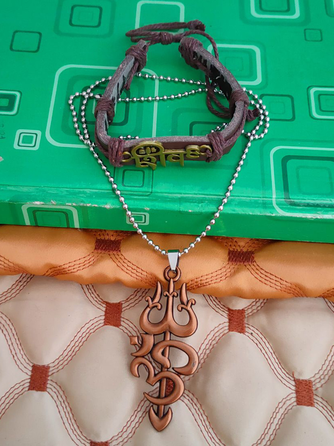 M Men Style Gold-Plated Contemporary Religious Mahadev Leather Bracelet And Pendant Shiv