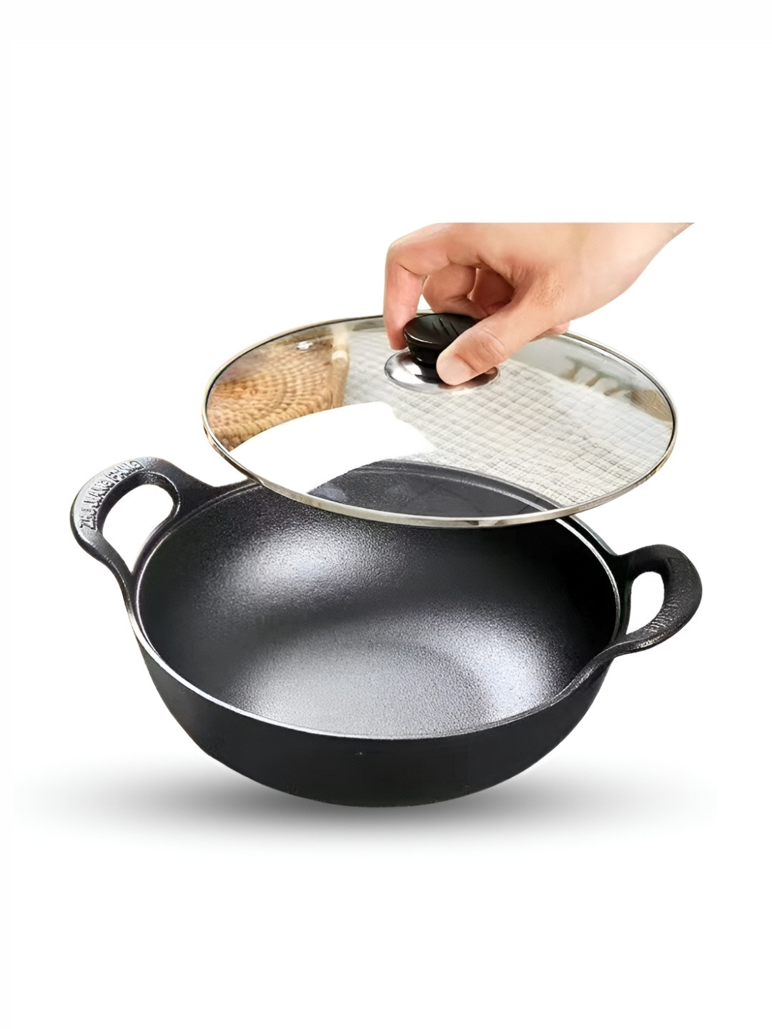 HOMEESSENTIALS Black Non-Stick Cast Iron Kadhai And Wok