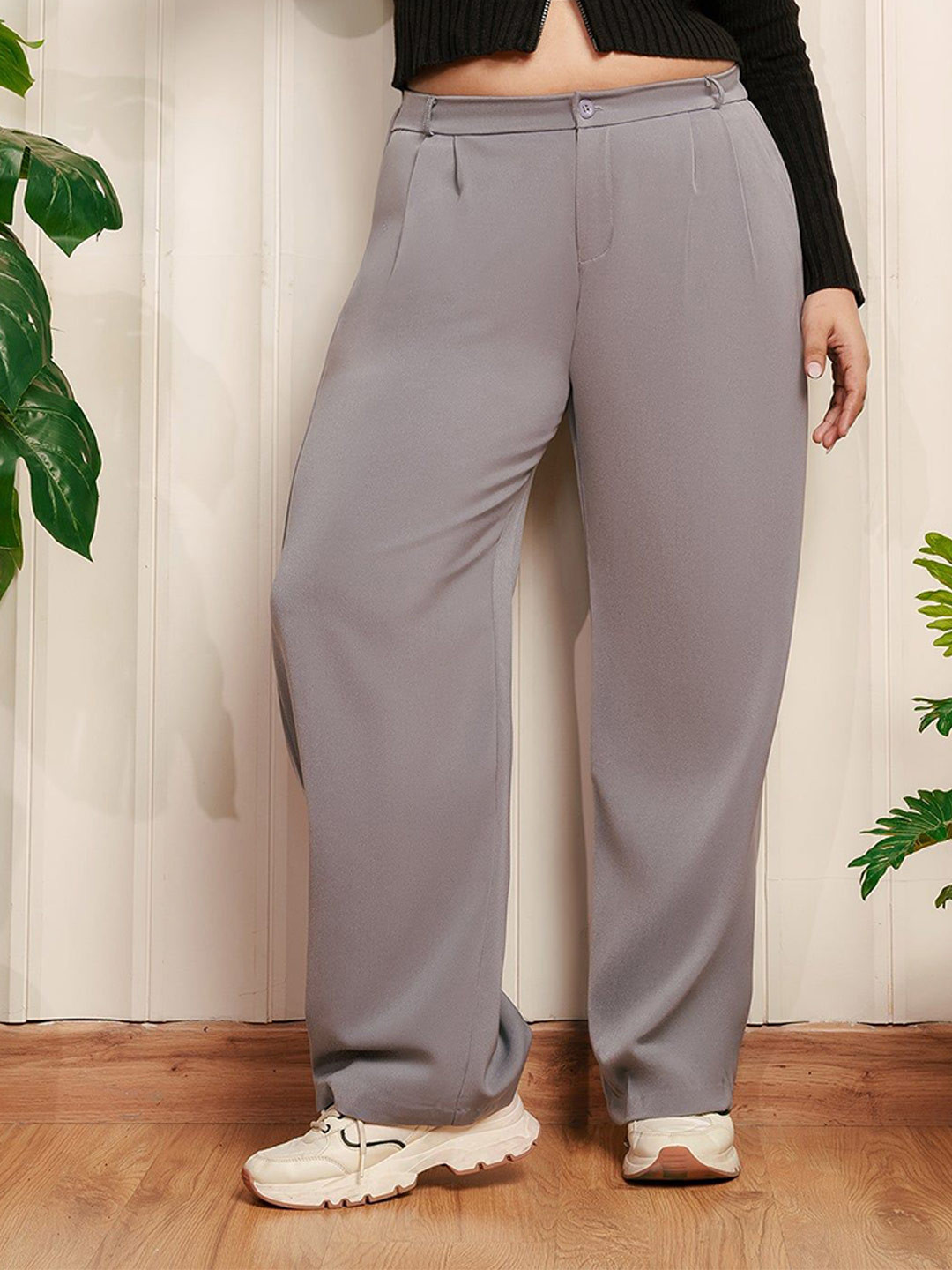 FREAKINS Women Glute Grey Curve Korean Pants