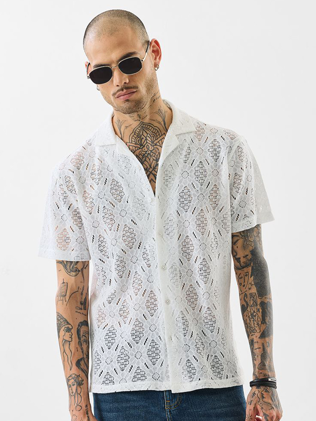 Snitch Boxy Self Design Semi Sheer Knitted Cotton Shirt
