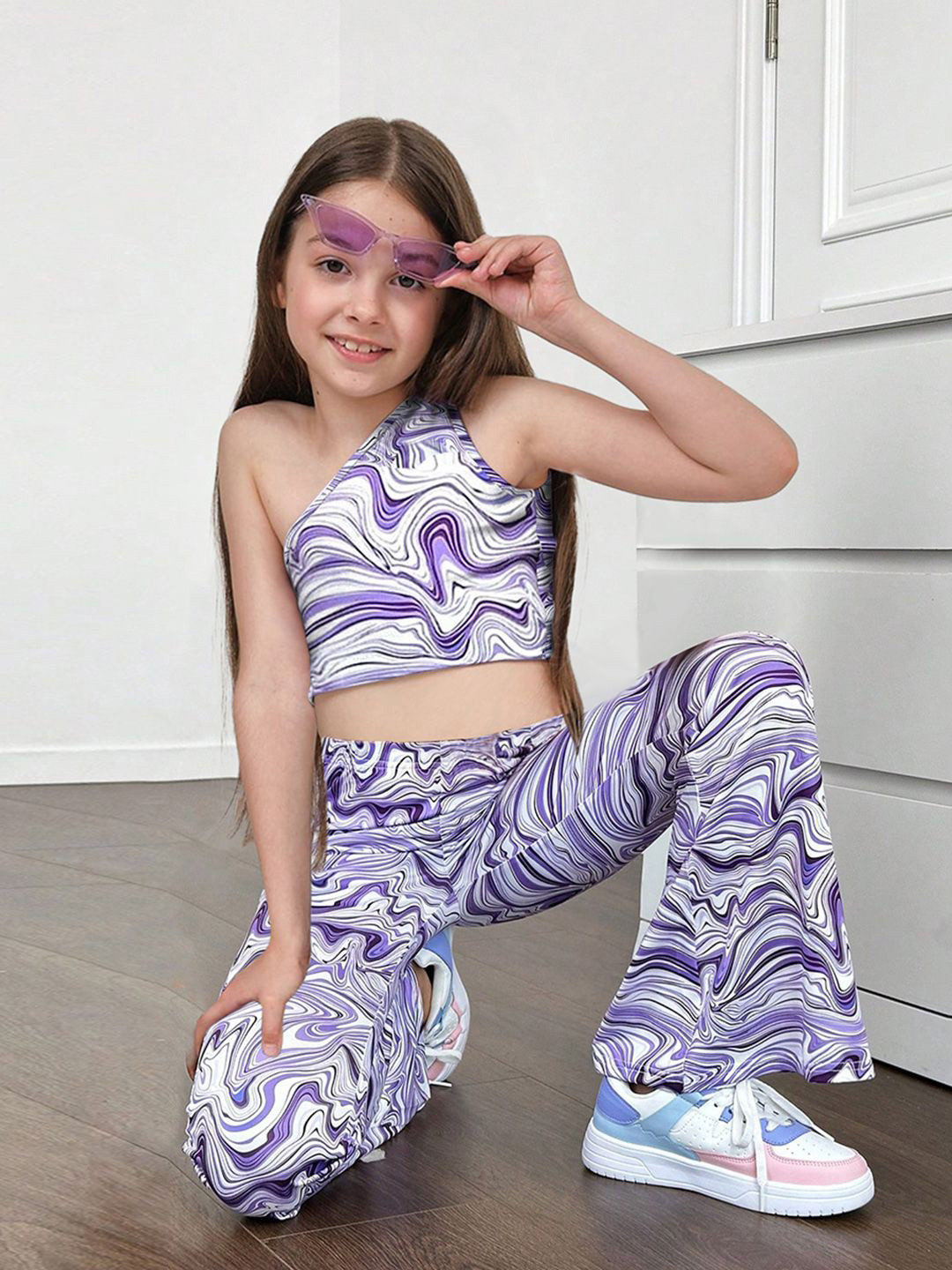 INCLUD Girls Abstract Printed One Shoulder Top With Trouser