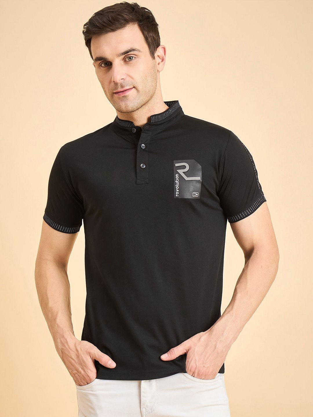 Duke Applique Henley Neck Cotton Slim Fit T-shirt