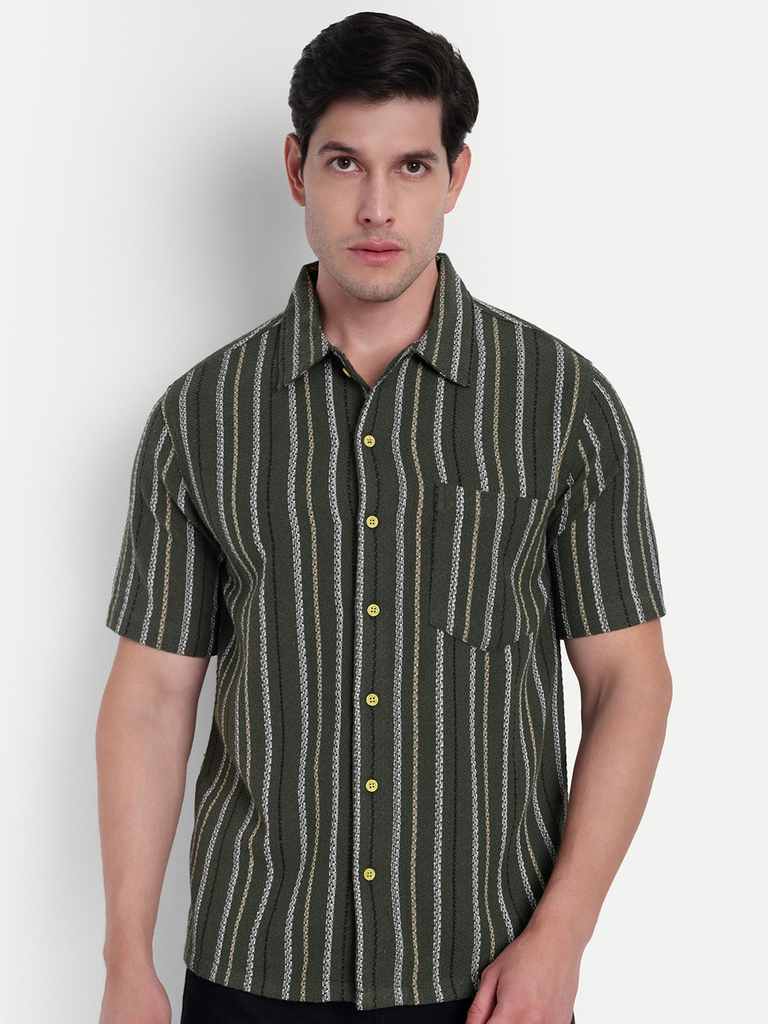 COSMIC Men Relaxed Fit Vertical Striped Spread Collar Cotton Casual Shirt