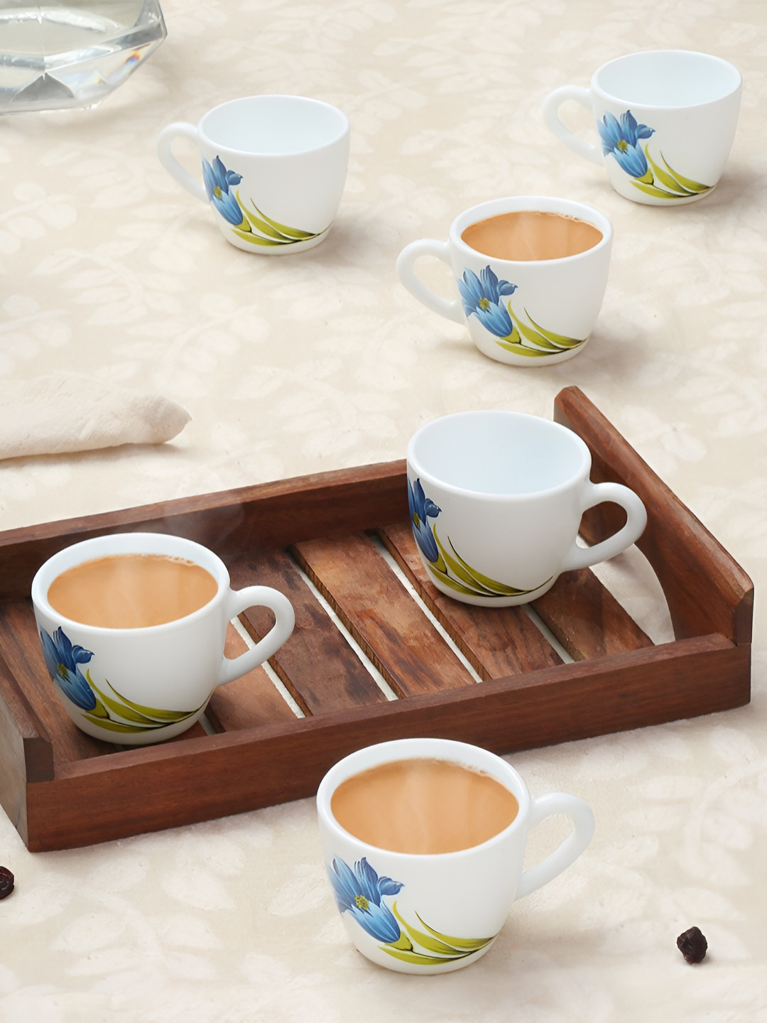 Larah by BOROSIL Personalised Hearts White Floral Opalware Handmade 6 Piece Cups-90ml