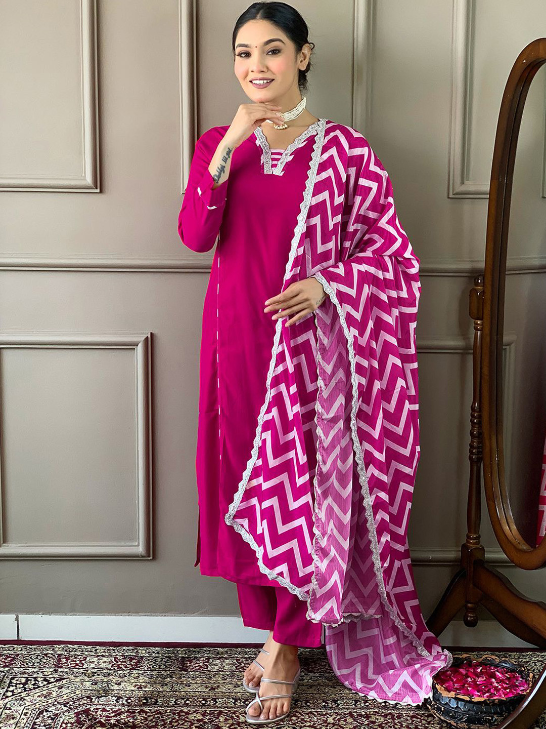 S.K.C V-Neck Sequinned Straight Kurta With Trousers & Dupatta