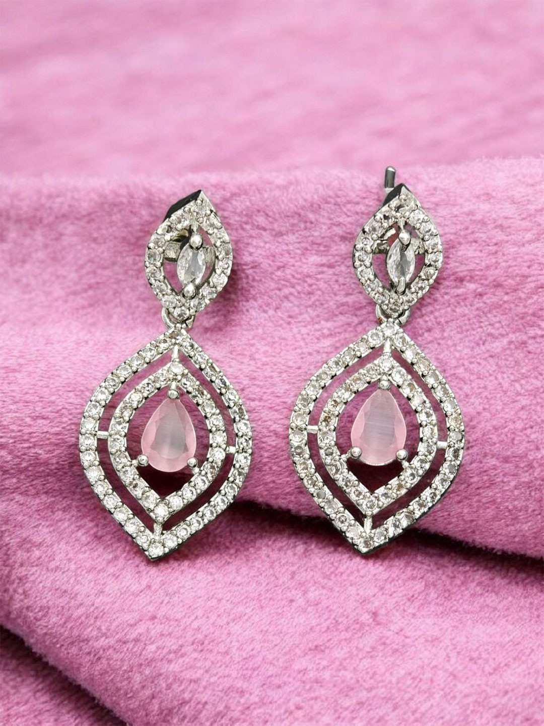 Gemron Jewel Rhodium-Plated American Diamond Studded Contemporary Drop Earrings