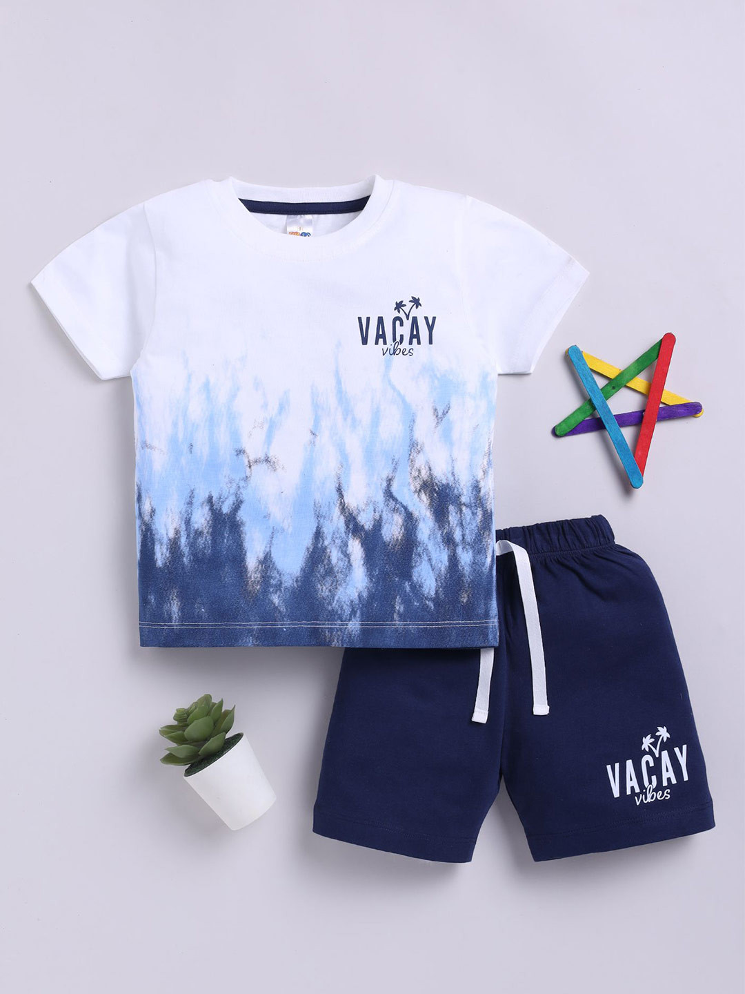 LITTLE NINJA Boys Tie & Dye Round Neck Short Sleeves Pure Cotton T-shirt With Shorts