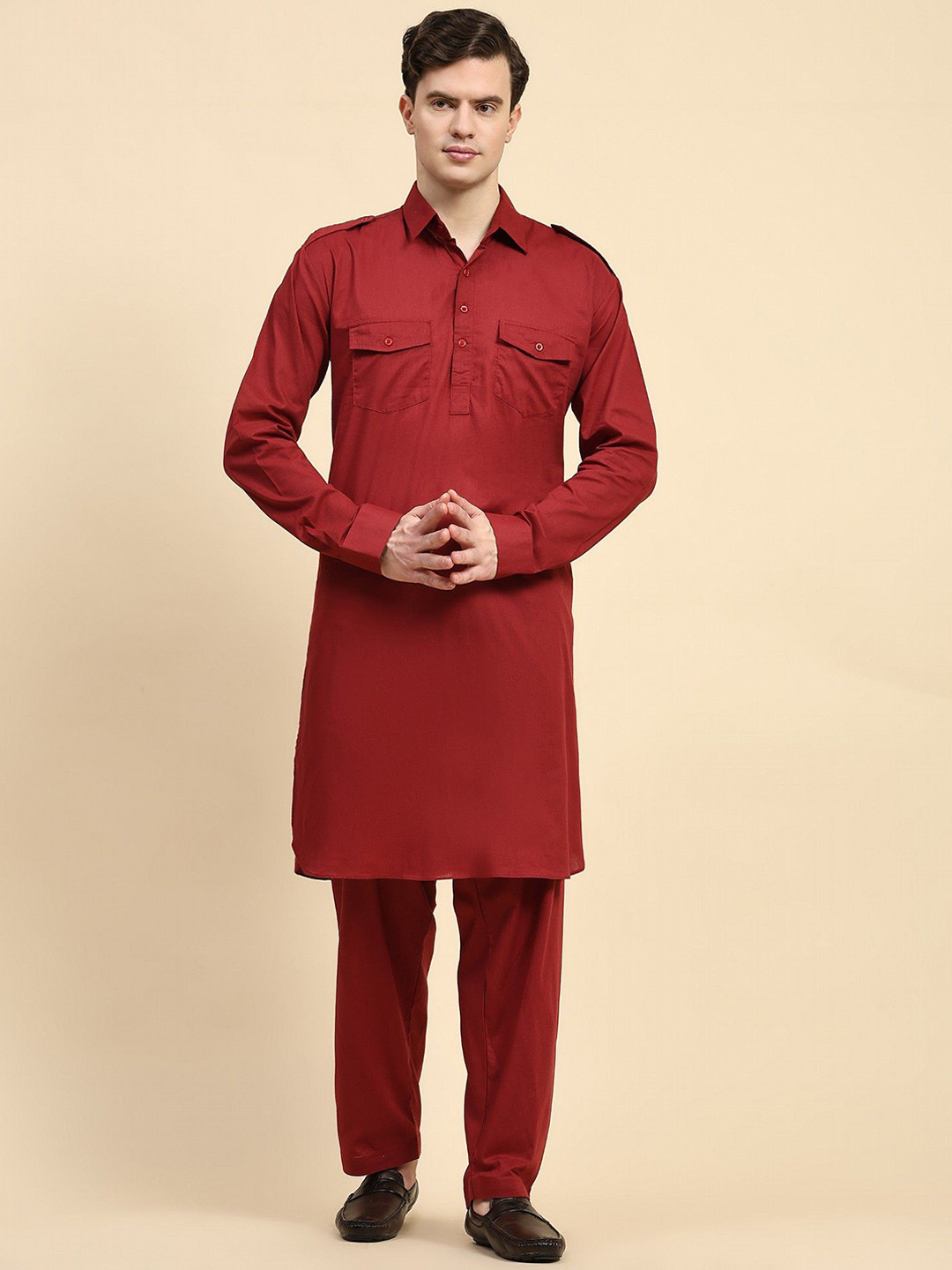 Moda Rapido Solid Mandarin Collar Pathani Pure Cotton Kurta With Pyjamas