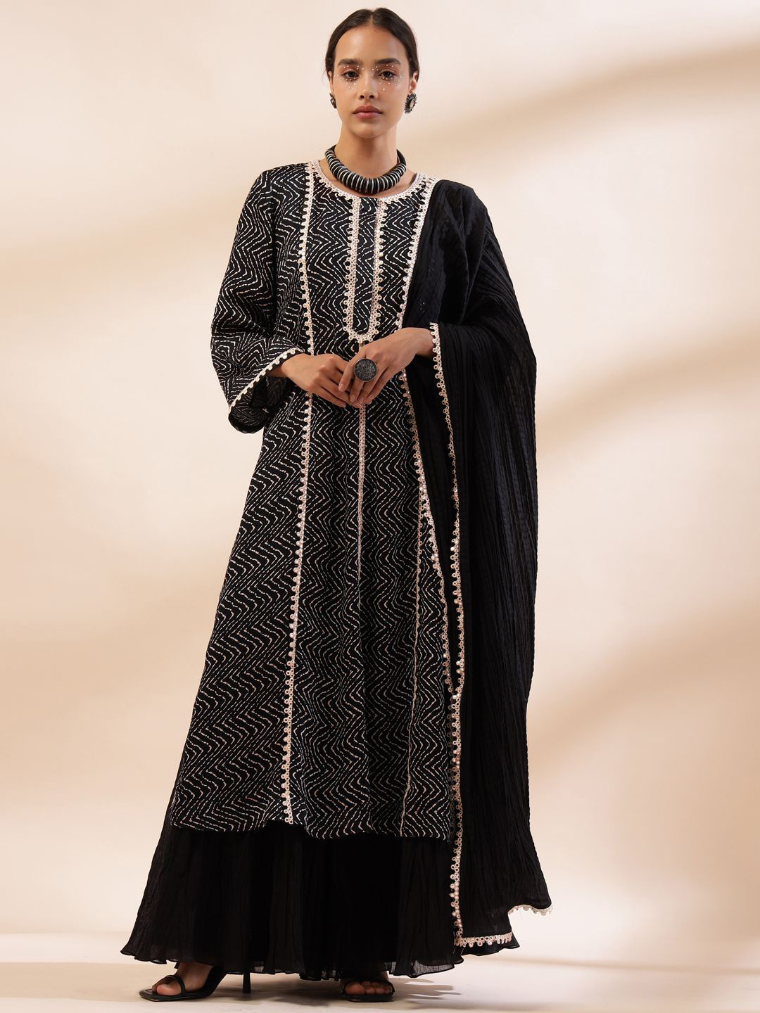 Kyra Velora Women Chevron Printed Mirror Work Kurta with Sharara With Dupatta