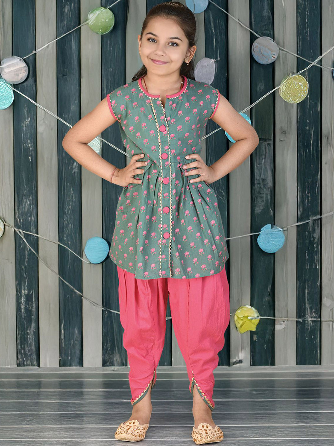 Kids On Board Girls Floral Printed Regular Pure Cotton Kurta with Dhoti Pants