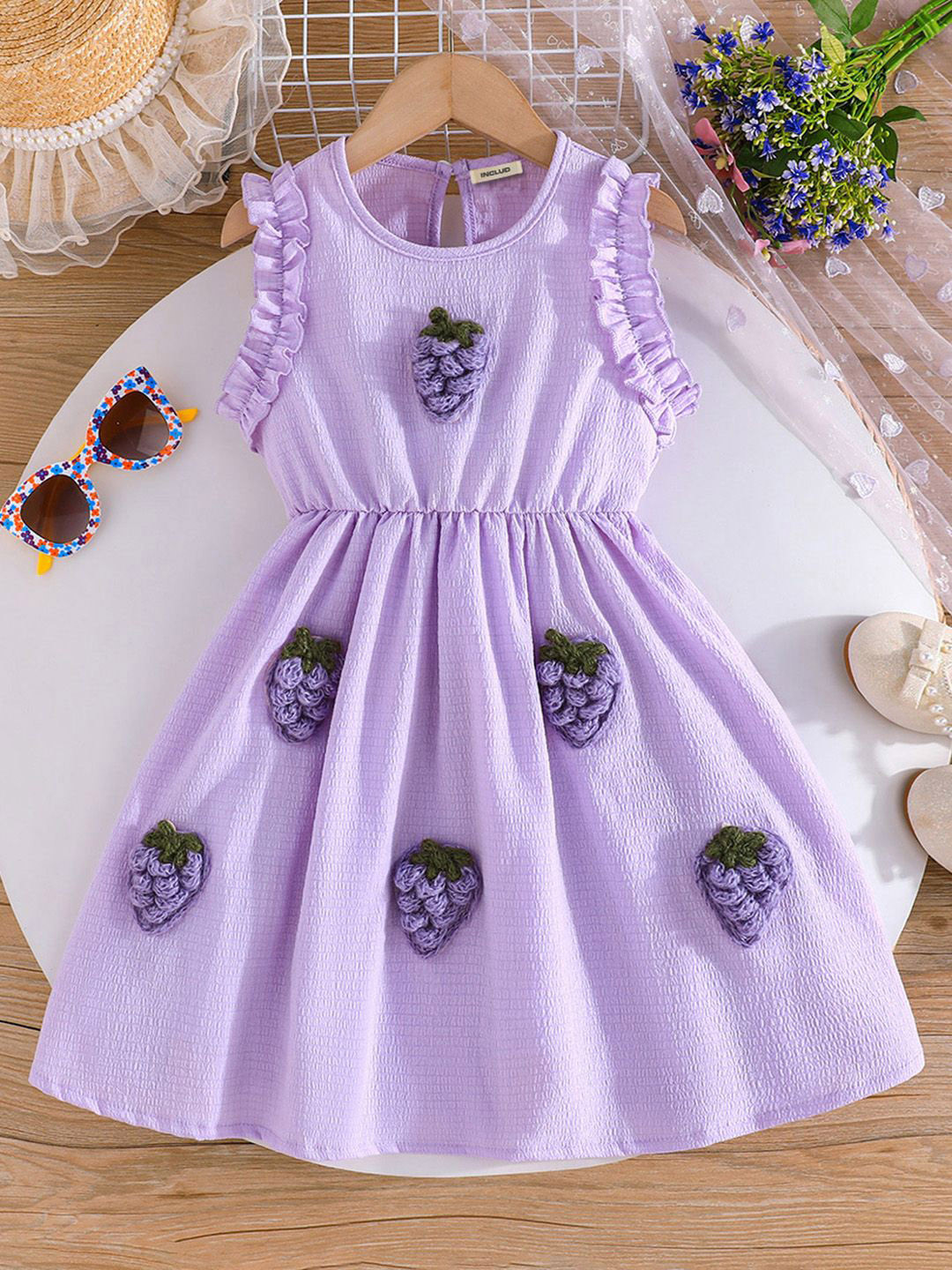 INCLUD Girls Purple Strawberry Applique Sleeveless Fit & Flare Dress