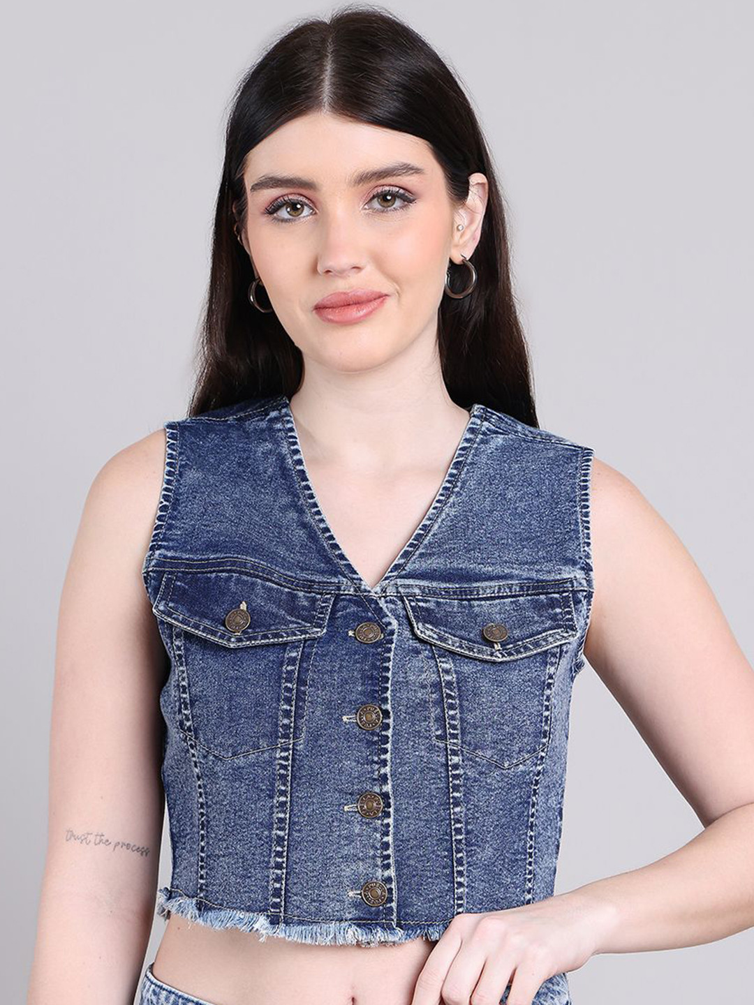 PUELLA Cotton Frayed Denim Crop Top