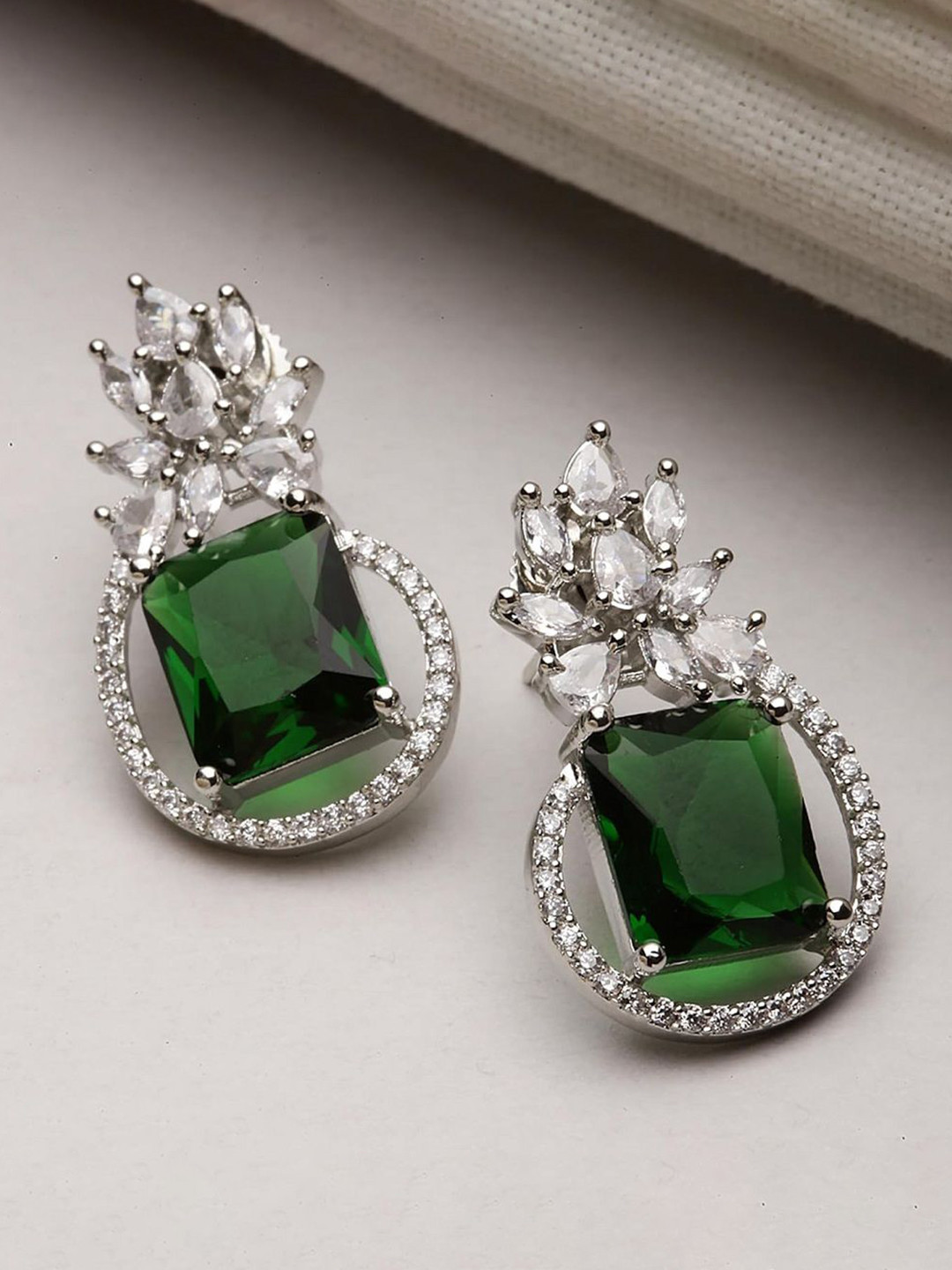 Gemron Jewel Rhodium-Plated American Diamond Contemporary Shapaed Drop Earrings