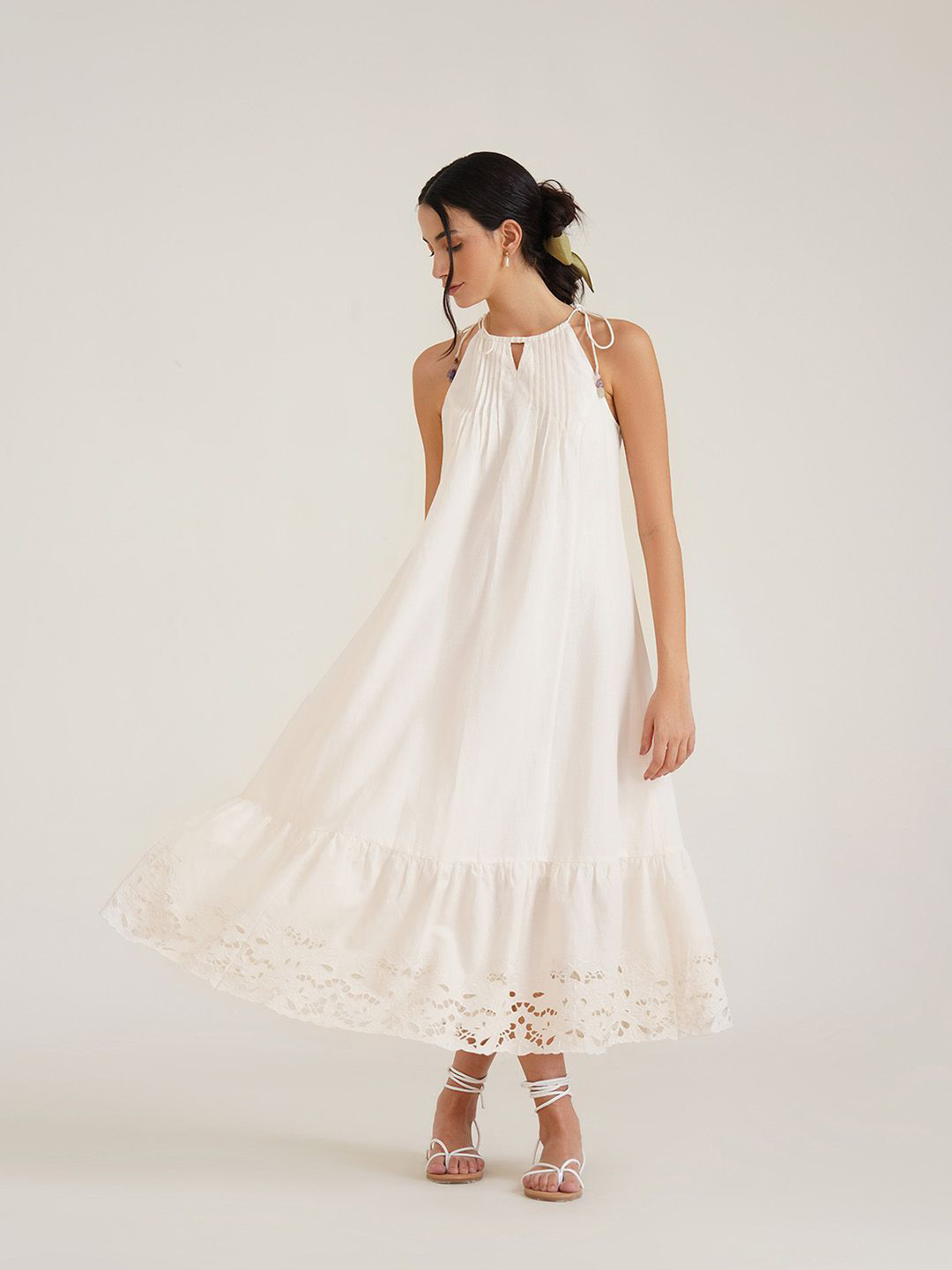 B77 Embroidered Halter Neck Linen Maxi Dress