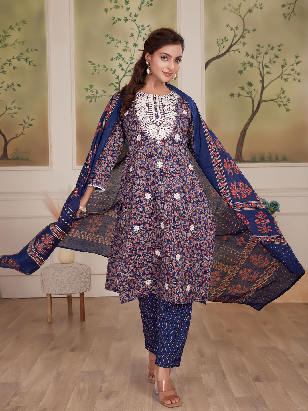 BulBul Women Paisley Embroidered Regular Pure Cotton Kurta with Trousers With Dupatta