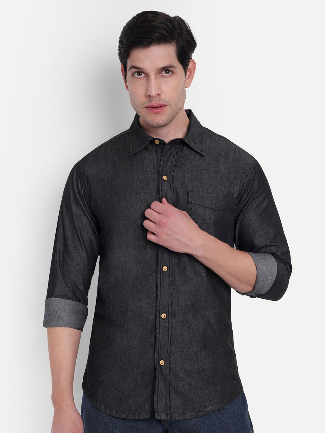 COSMIC Spread Collar Long Sleeves Denim Cotton Shirt