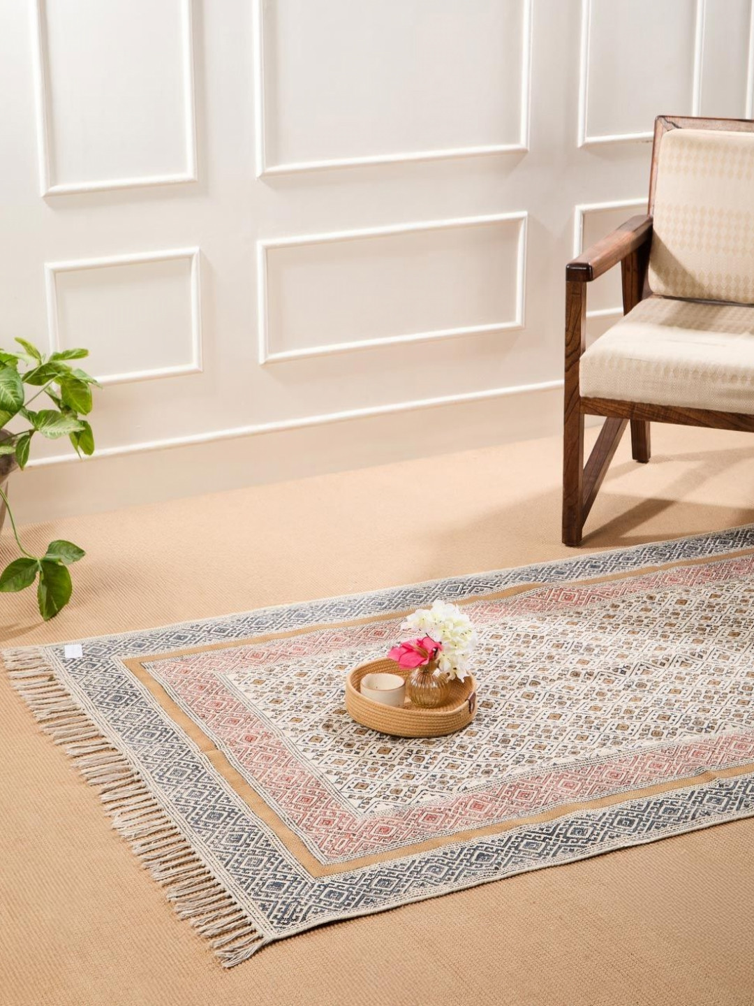 Fabindia Beige & Red Hand Block PrintedDhurries