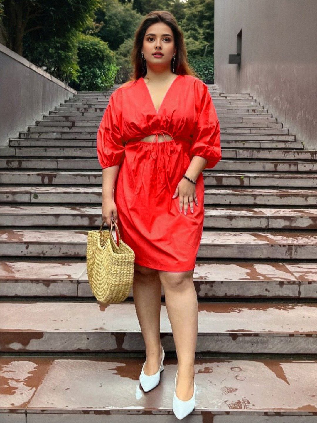 StyleCast Women V-Neck Puff Sleeve Cut-Outs A-Line Dress