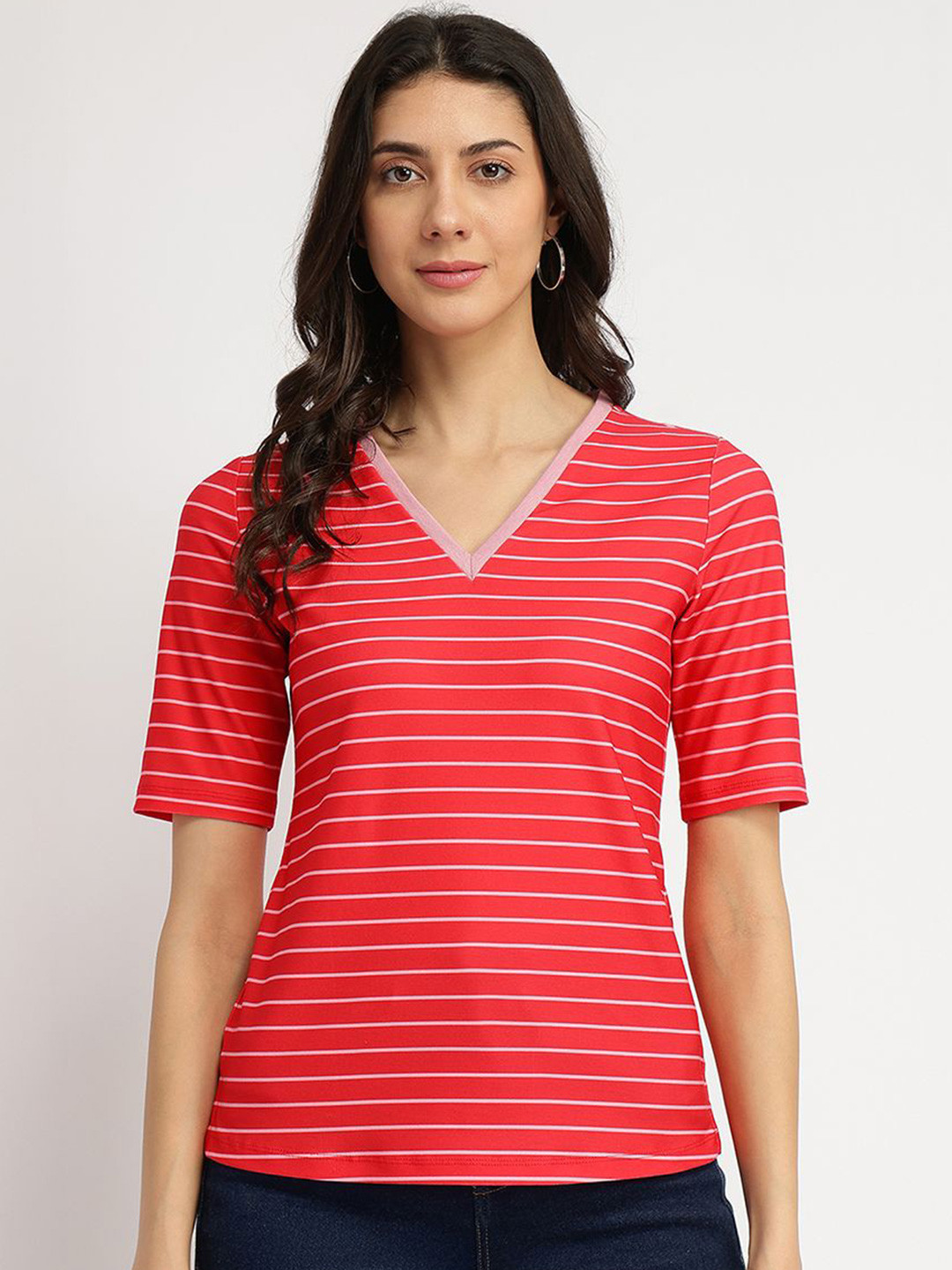 FableStreet Striped V-Neck T-shirt