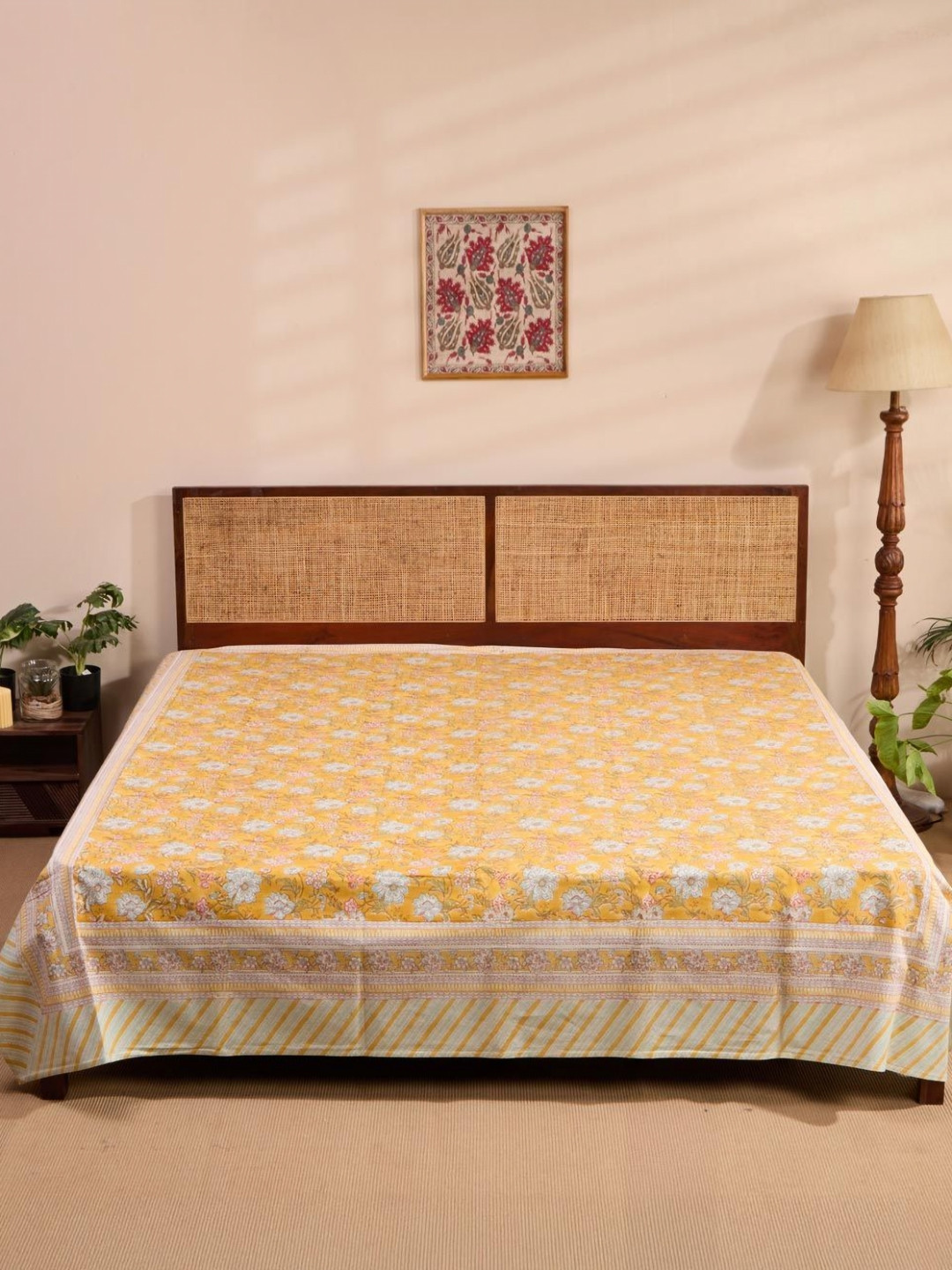 Fabindia Yellow & White Hamza Printed King SizeBedCover