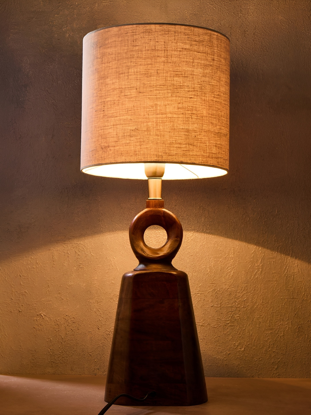 Fabindia Sangam Brown & White Textured Wooden Cylindrical Shaped Table Lamp