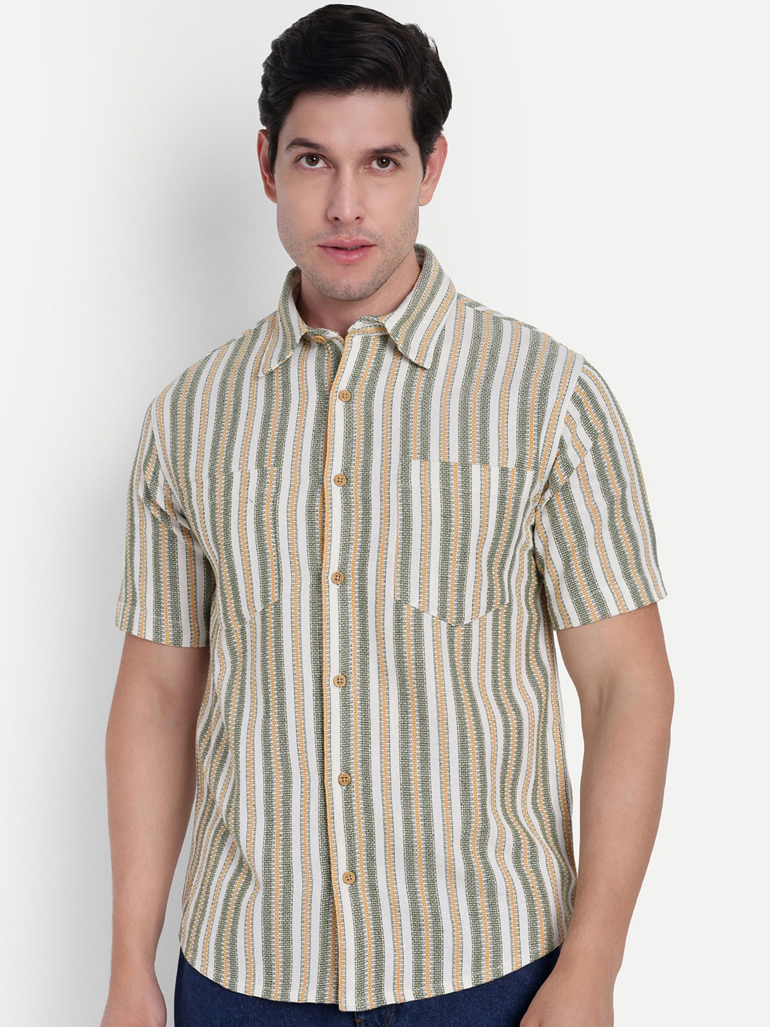 COSMIC Vertical Stripes Spread Collar Knitted Relaxed Fit Cotton Shirt