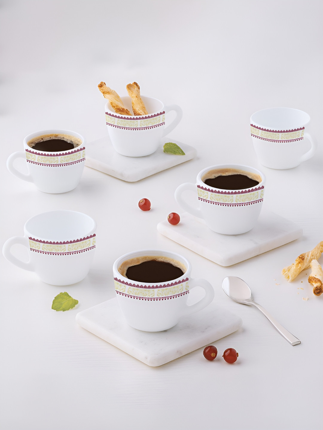 Larah by BOROSIL Misty Morning Roses Blue Classic White Ethnic Motifs Opalware Microwave Safe 6 Piece Cup-90ml