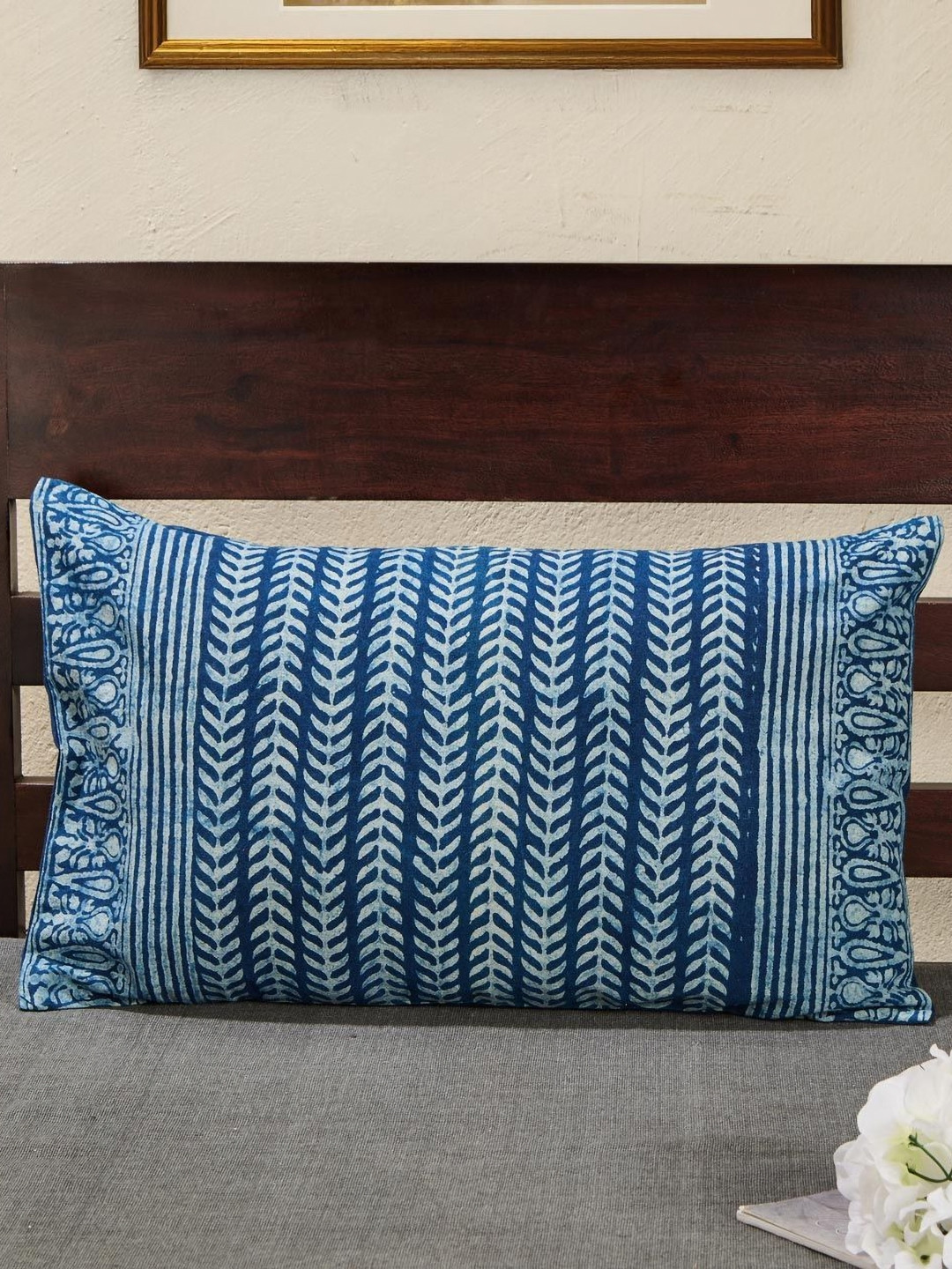 Fabindia Indigo Roshan Dabu Blue & White Floral Printed Cotton Rectangle Cushion Cover