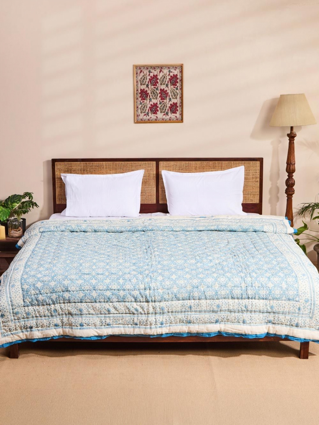 Fabindia Cabana White & Blue Floral Printed Cotton AC Room Double Bed Quilt